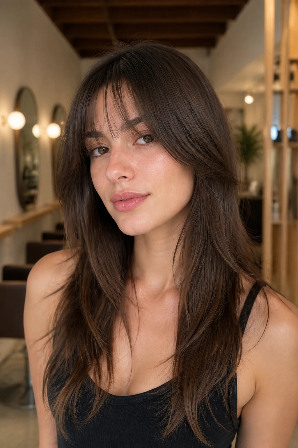 Real person with tapered bangs blending into long wolf cut on straight hair