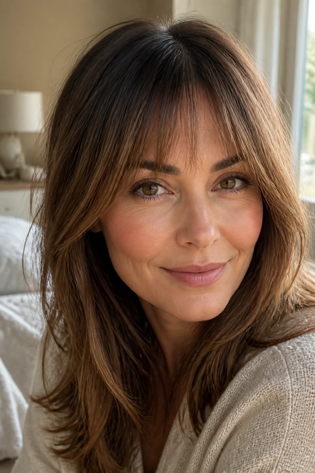 Real woman with tapered bangs in warm natural light