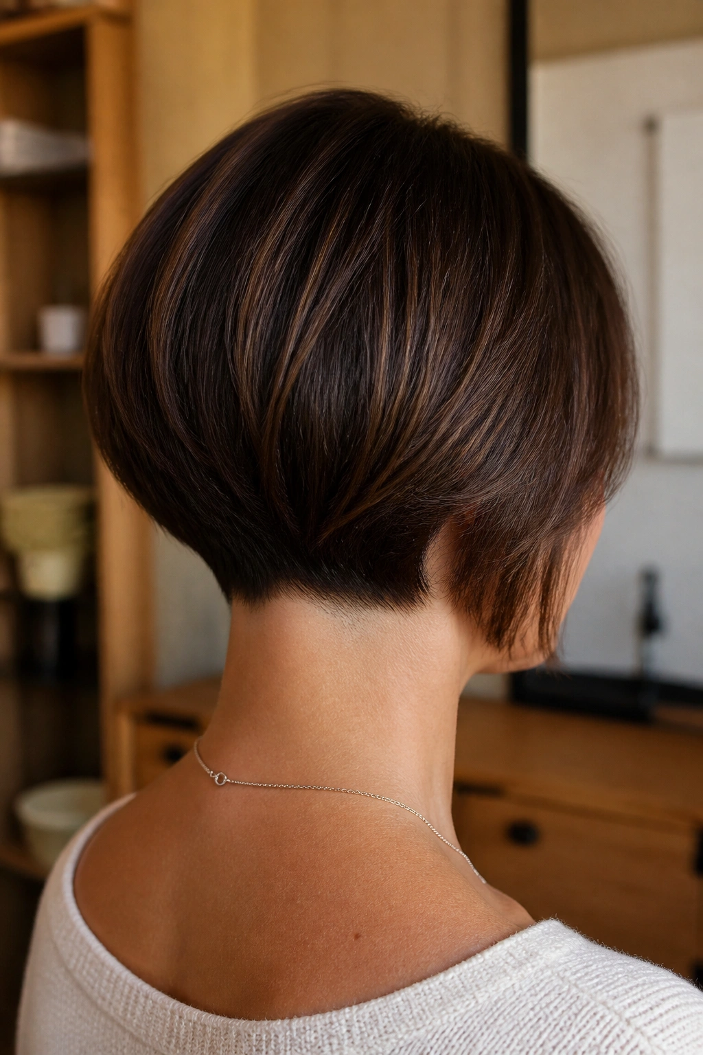 Back-of-head portrait showing a tapered bob with a clean nape on a real woman