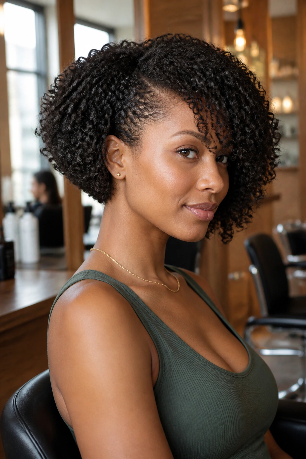 Close-up of a real woman with a tapered bob and tight curls, nape tapered.