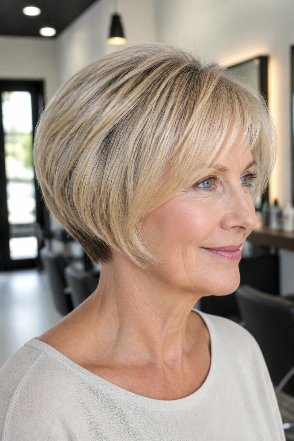 Close-up of real woman with tapered bob for fine hair