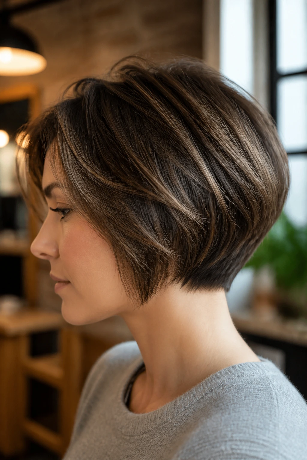 Close-up portrait of a real woman with a tapered bob featuring a nape taper and fuller crown in natural light.