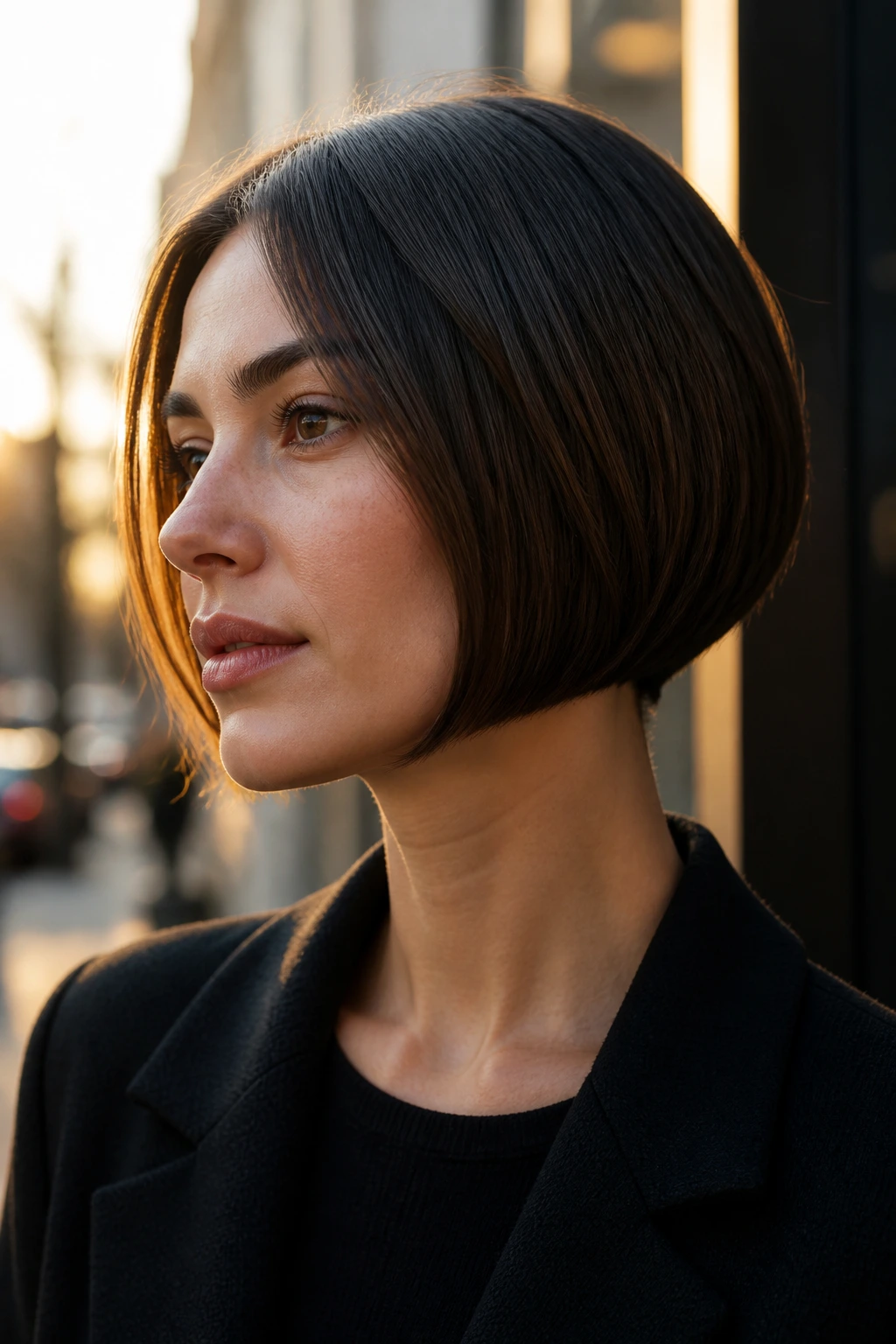 Close-up portrait of a real woman with a tapered bob and tucked-in ends.