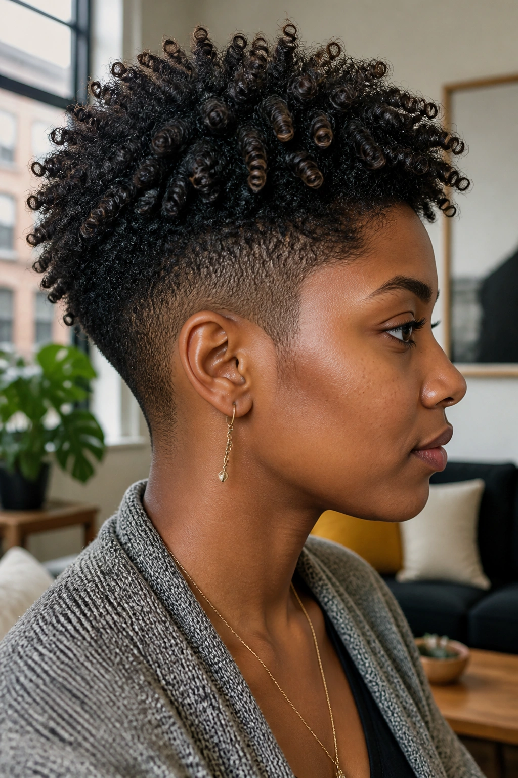 Close-up profile of a real person with a tapered coil cut