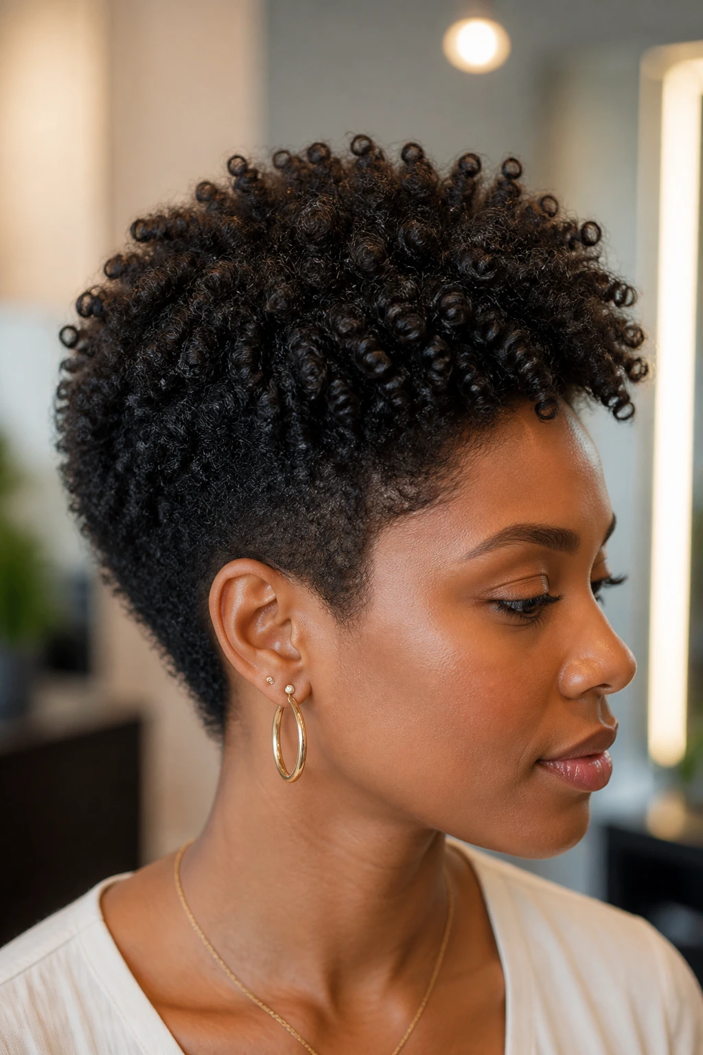 Close-up portrait of a real woman with a tapered coil cut