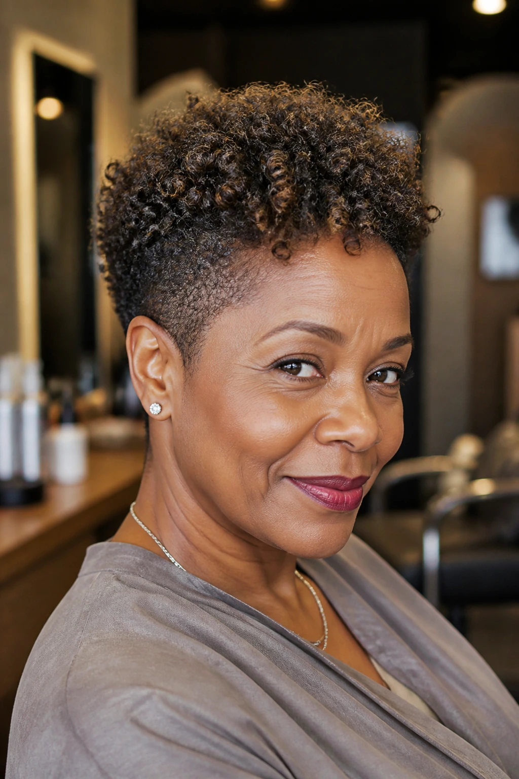 Close-up of a real woman with a tapered natural coil cut and defined coils.