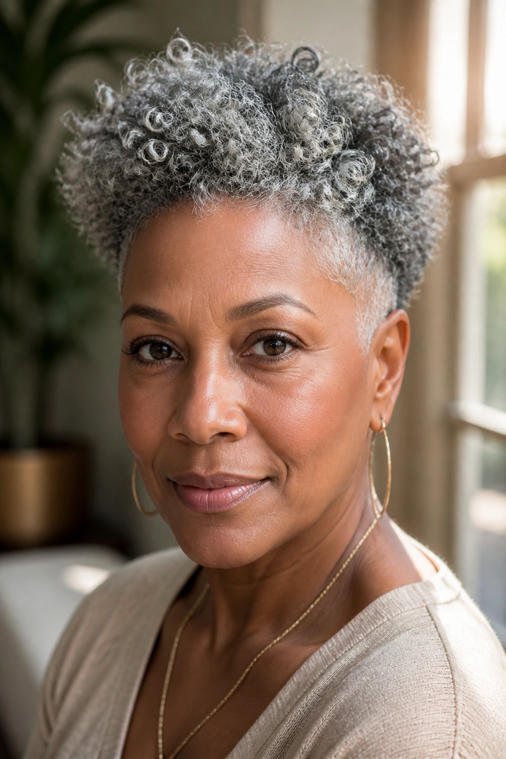 Close-up of a real woman with tapered natural coils and silver hair in a sunlit living room