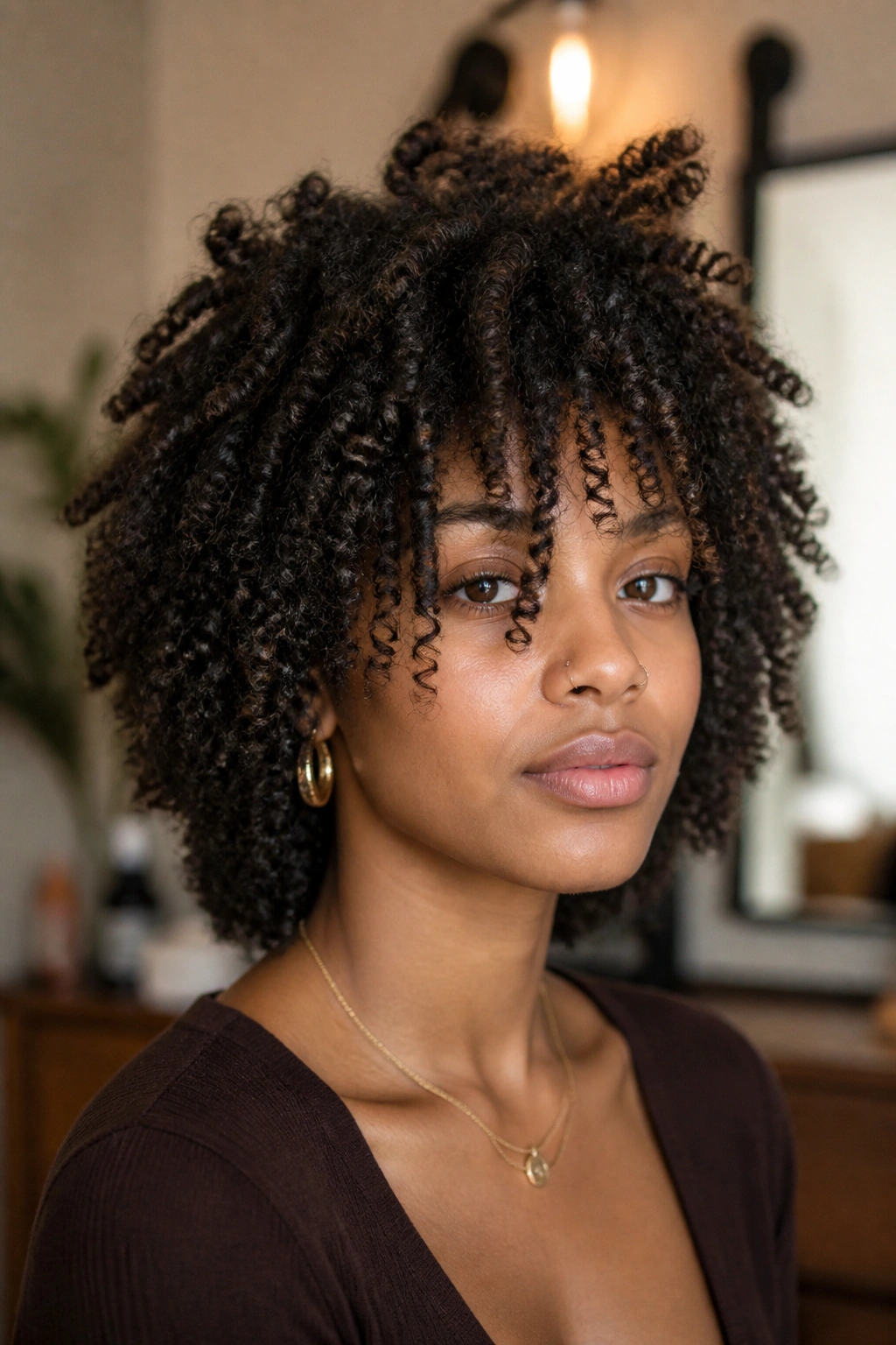 Close-up of a real person with tapered coily layers and longer curtain bangs