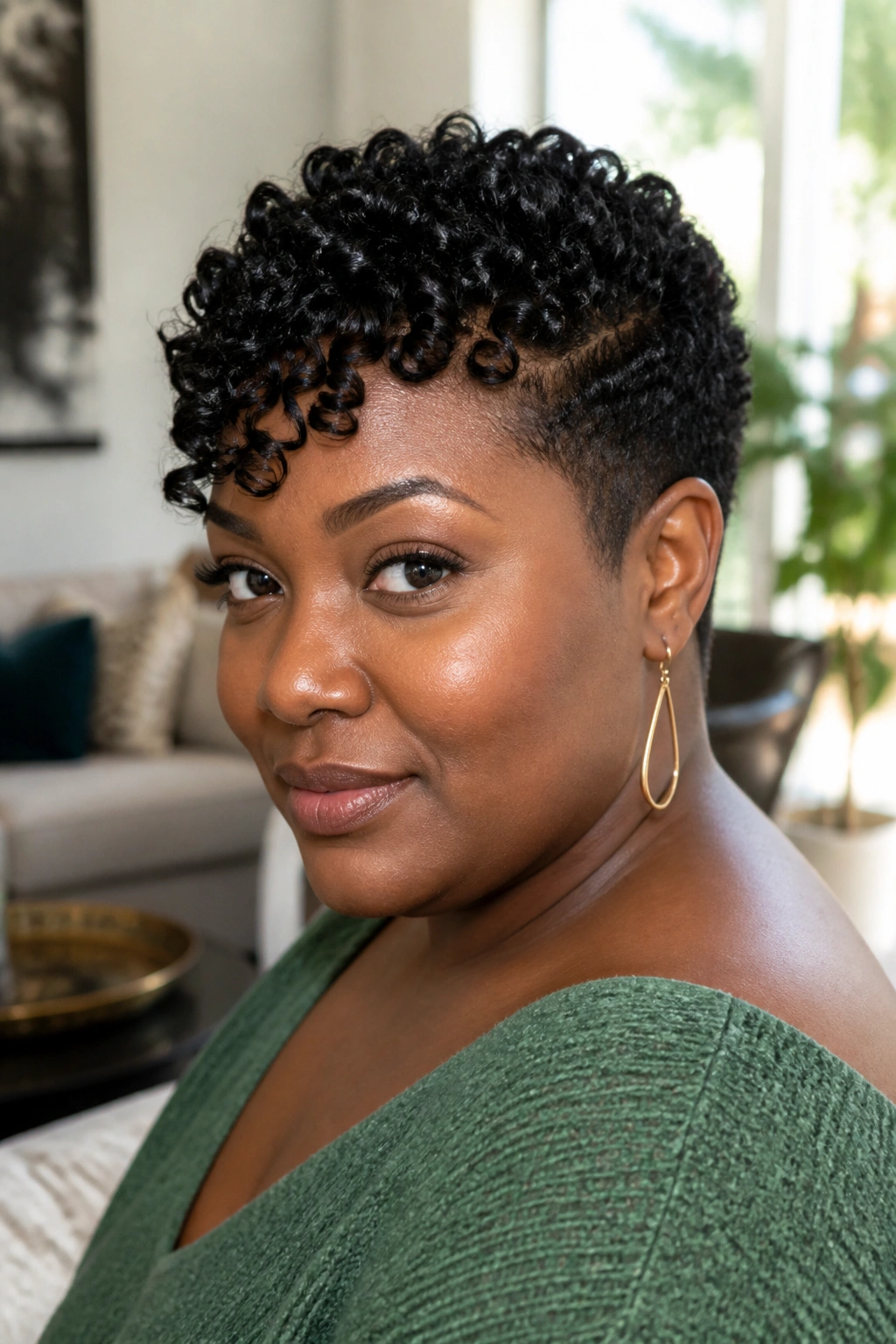 Close-up of a real woman with a tapered coily pixie and finger coils at the front