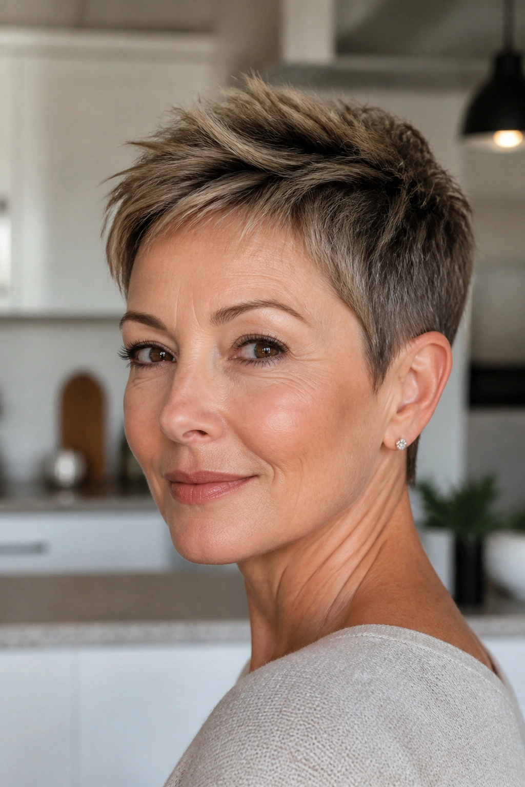 Close-up of a real woman with a tapered crop in warm indoor light.