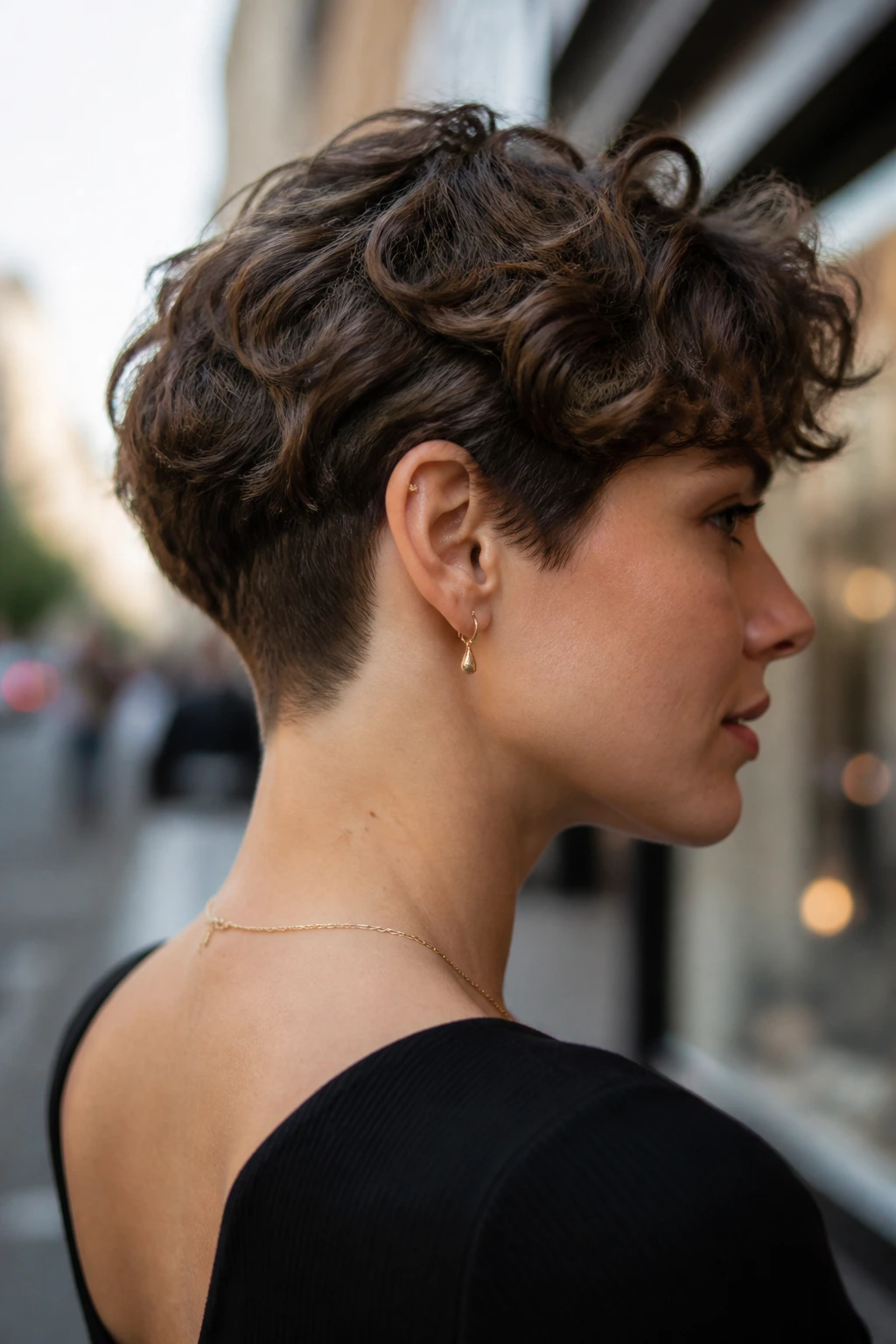 Profile view of a real woman with a tapered crop and clean nape