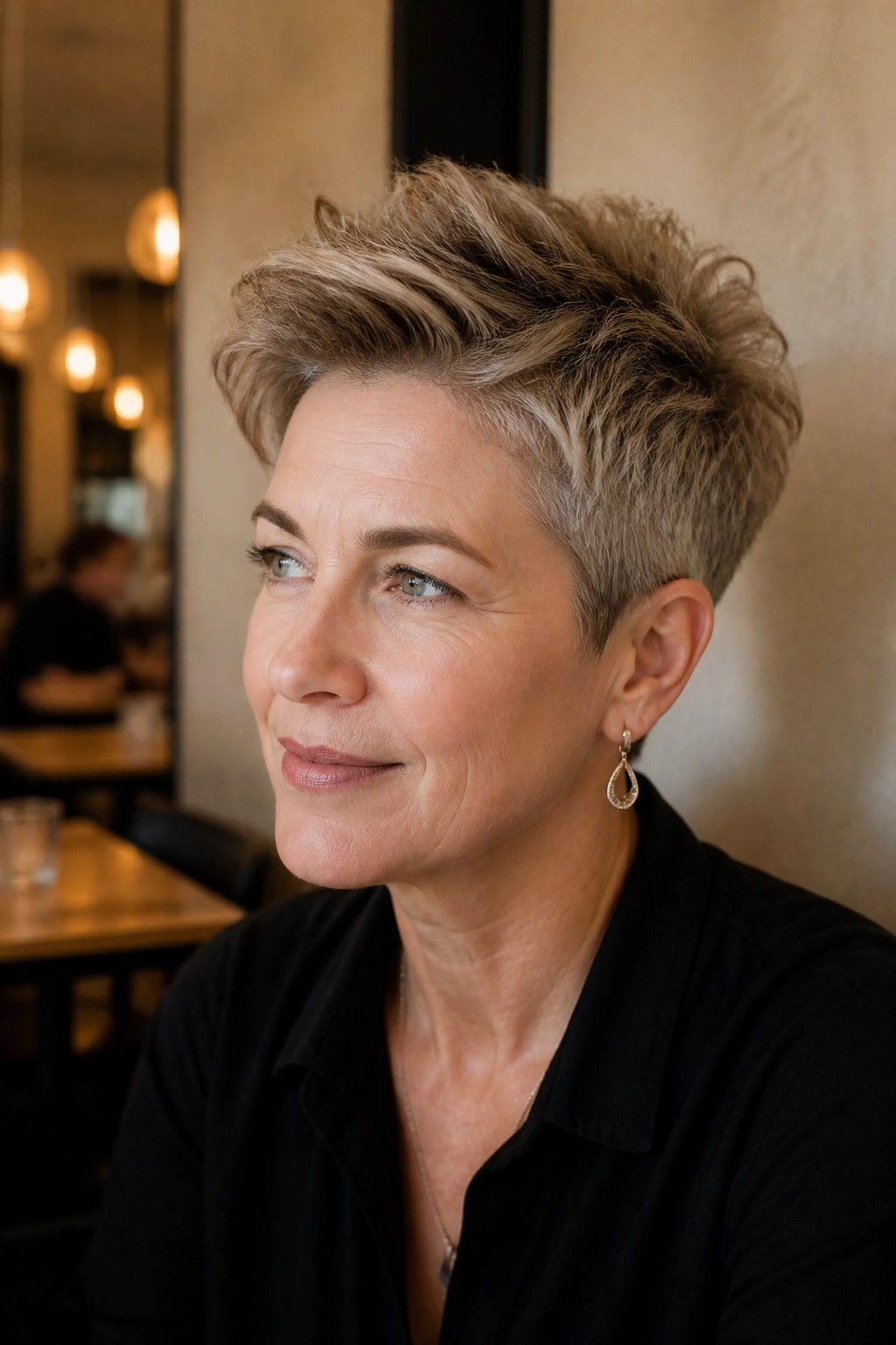 Portrait of a woman with a tapered crop and crown height in warm cafe light