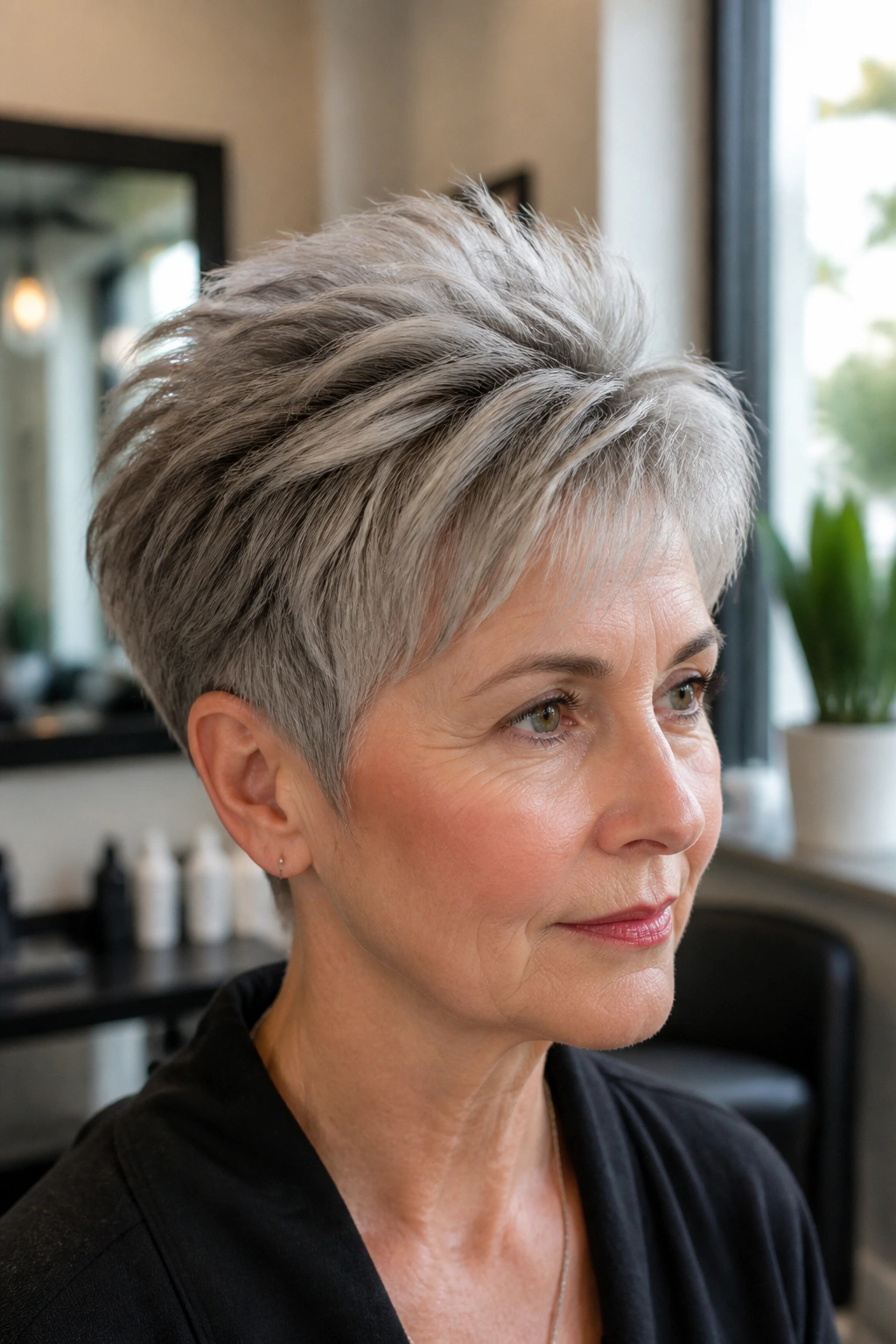 Close-up portrait of a real woman with a tapered crop and crown height in a sunlit salon.