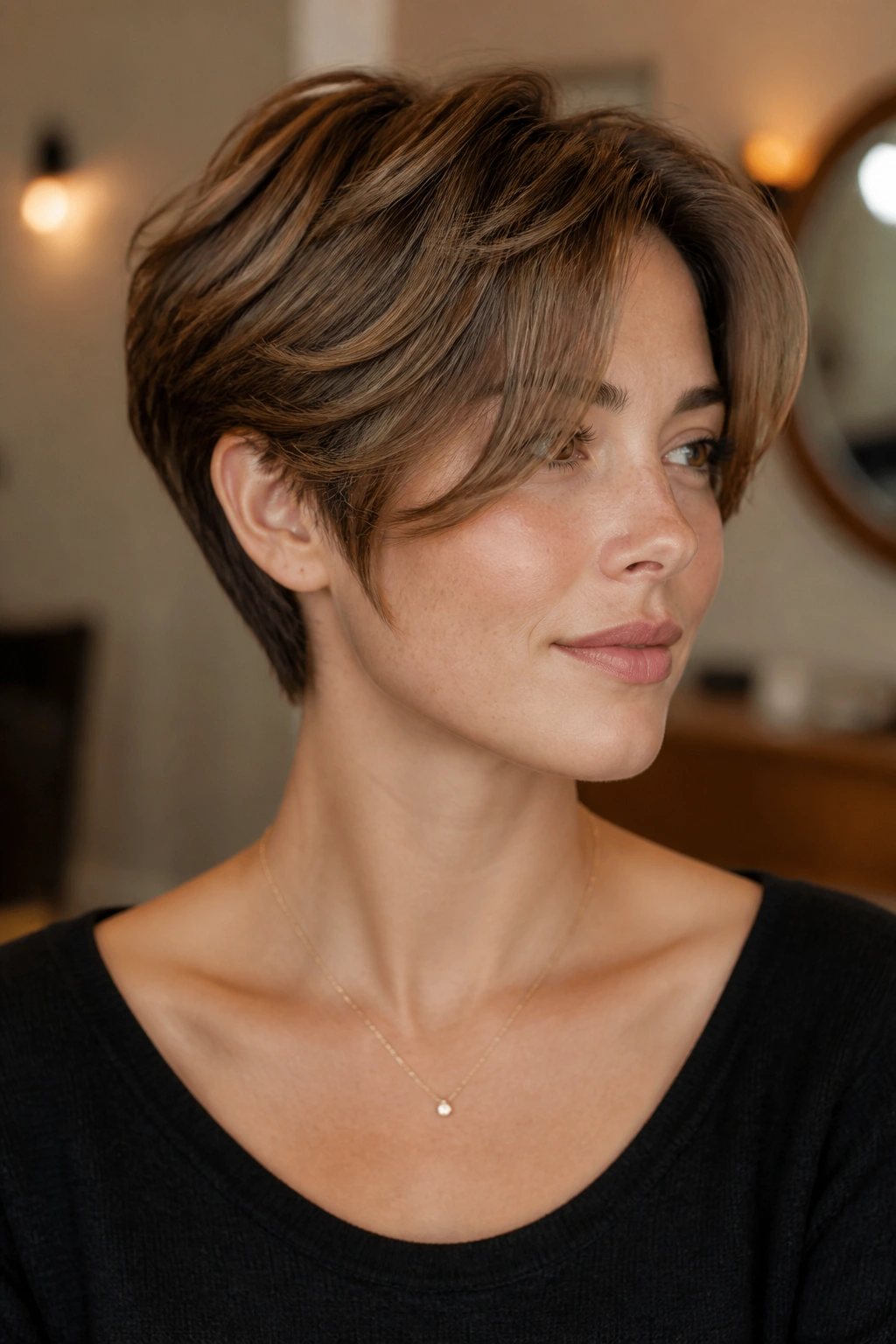 Real woman with a tapered crop and side-leaning curtain bangs.