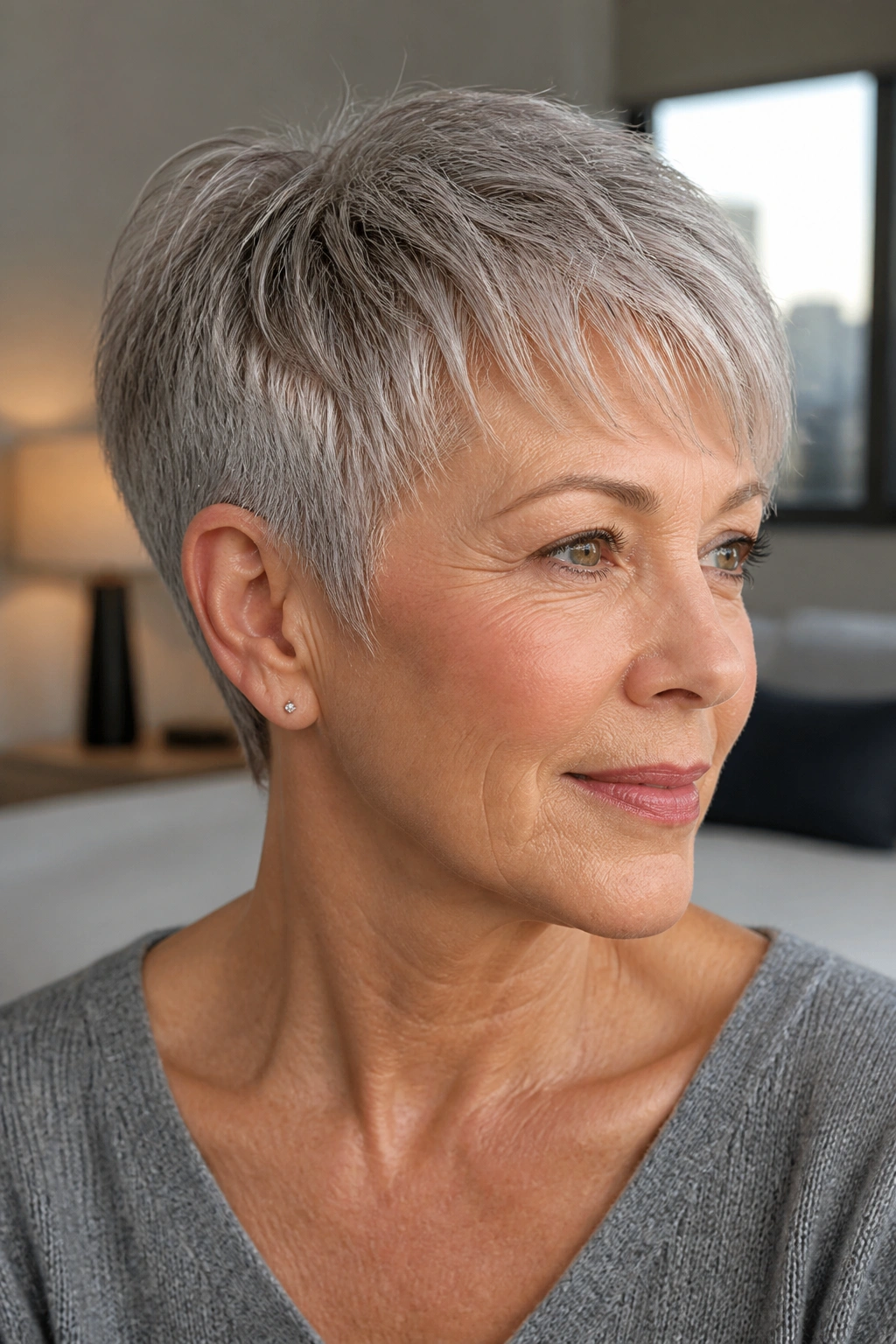 Portrait of a woman with a tapered crop showing soft ear exposure