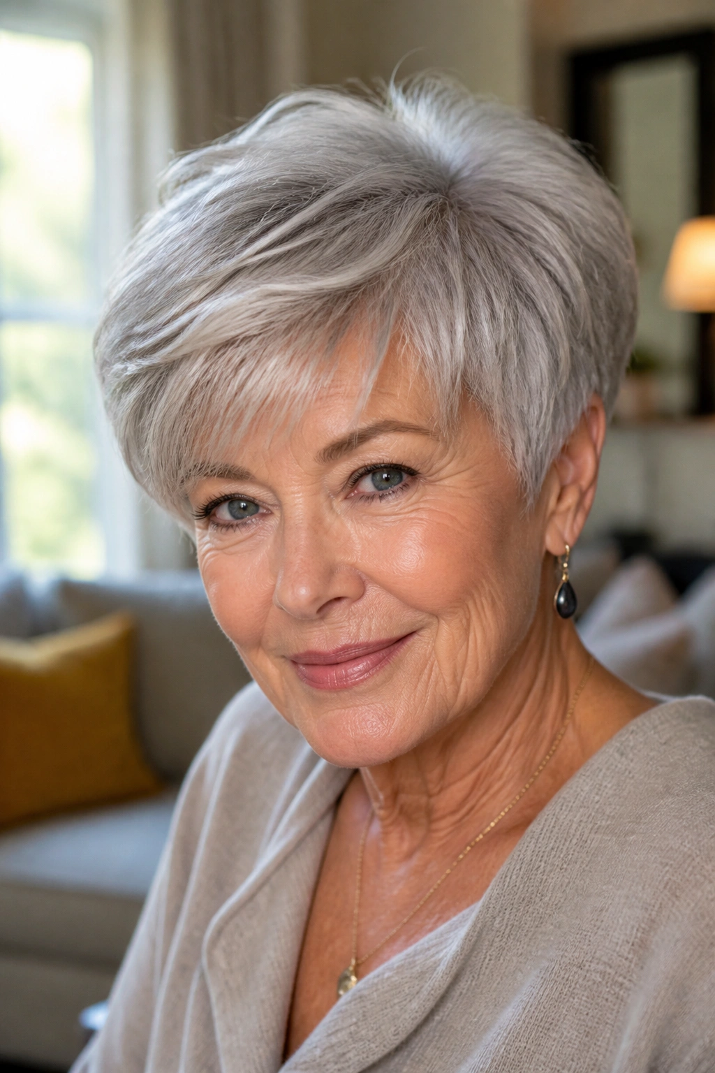 Close-up of an elderly woman showcasing a tapered crop with longer top layers