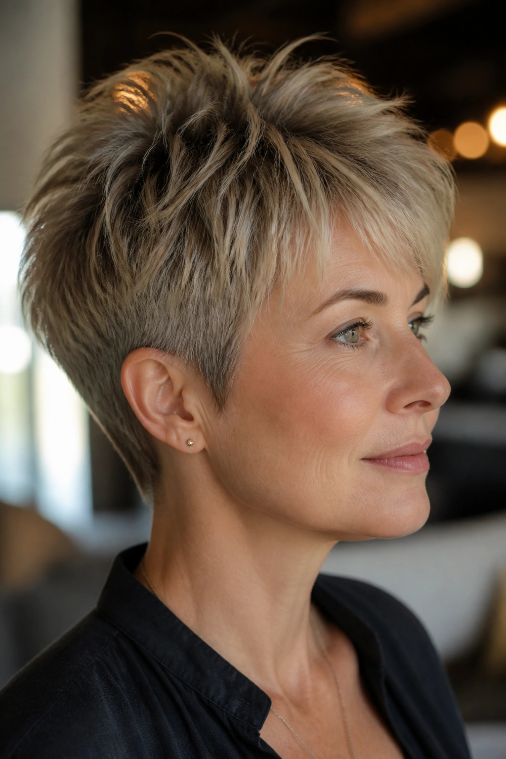 Real woman wearing a tapered crop with feathered crown, crown lift detail