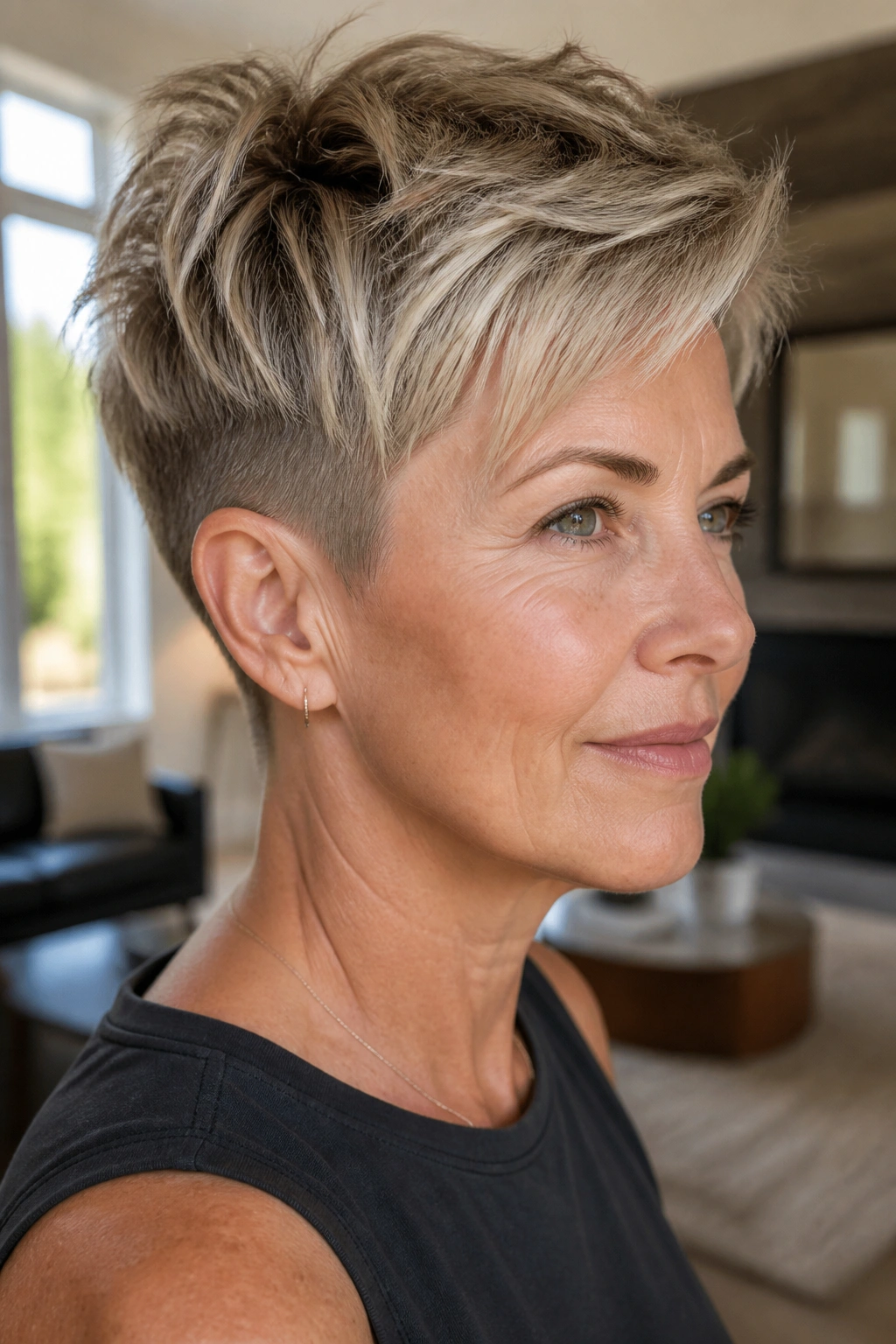 Close-up of a real woman with a tapered crop and lifted crown in a cozy living room