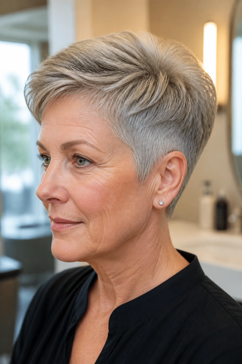 Close-up of a woman with a tapered crop for fine hair