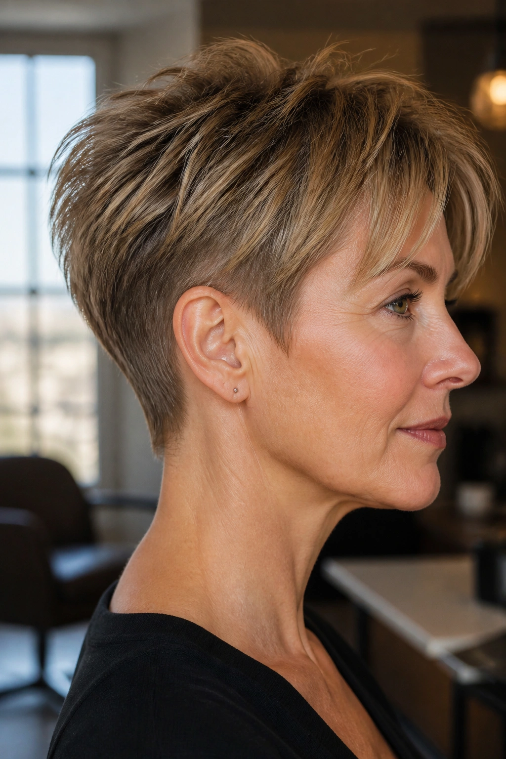 Close-up of a real woman with a tapered crop for fine hair showing lifted crown