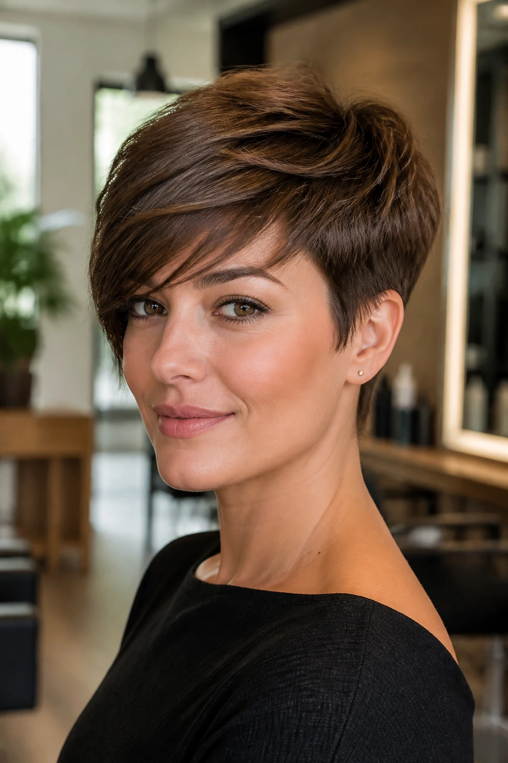 Close-up of a real woman with a tapered crop and side-swept fringe in a warm salon setting