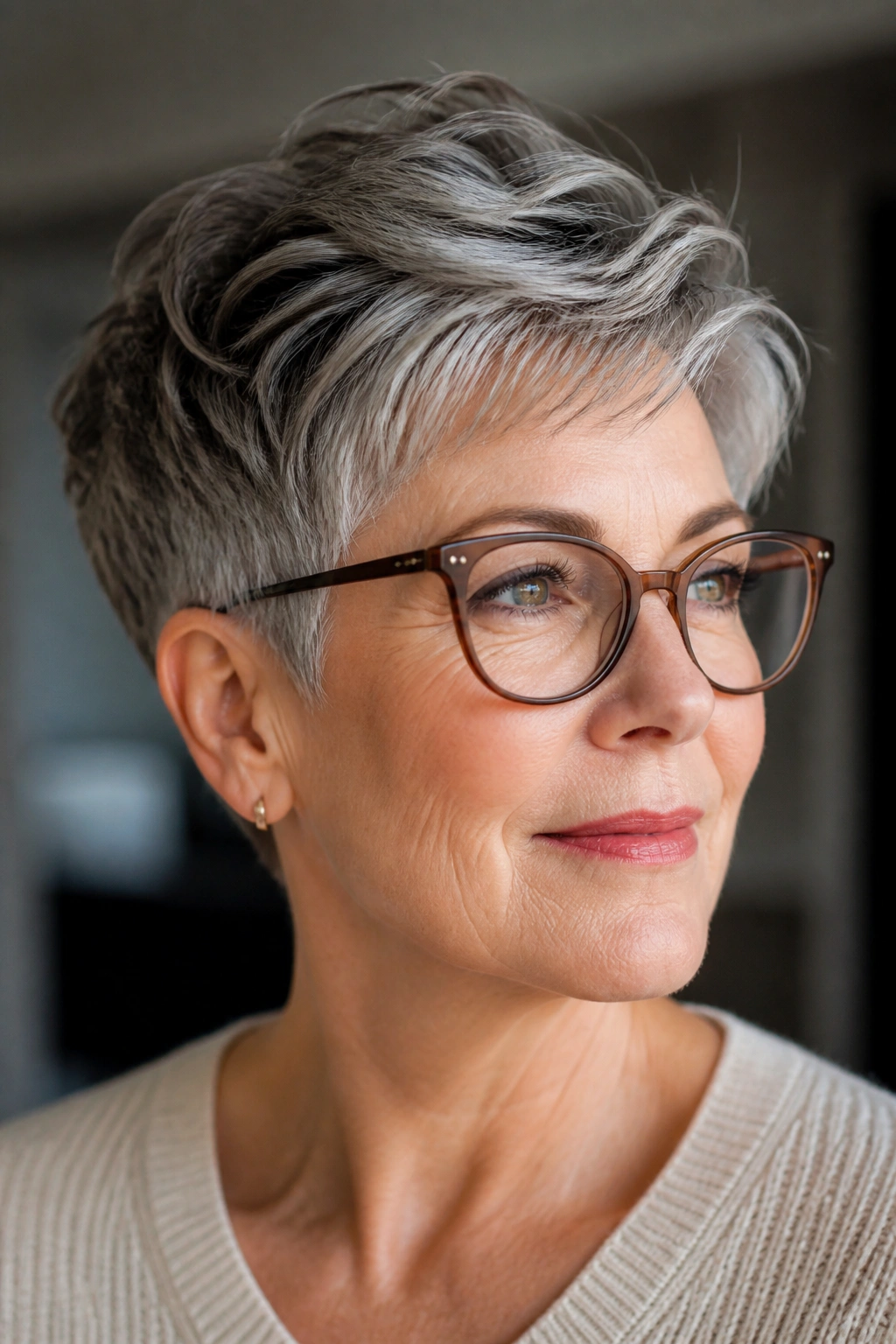 Close-up of a real woman with a tapered crop hairstyle and glasses
