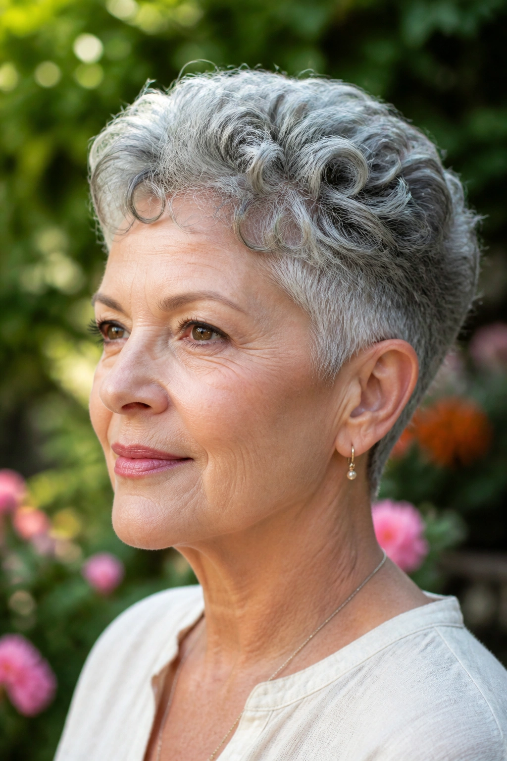 Close-up portrait of a real woman with a tapered crop for natural gray hair.