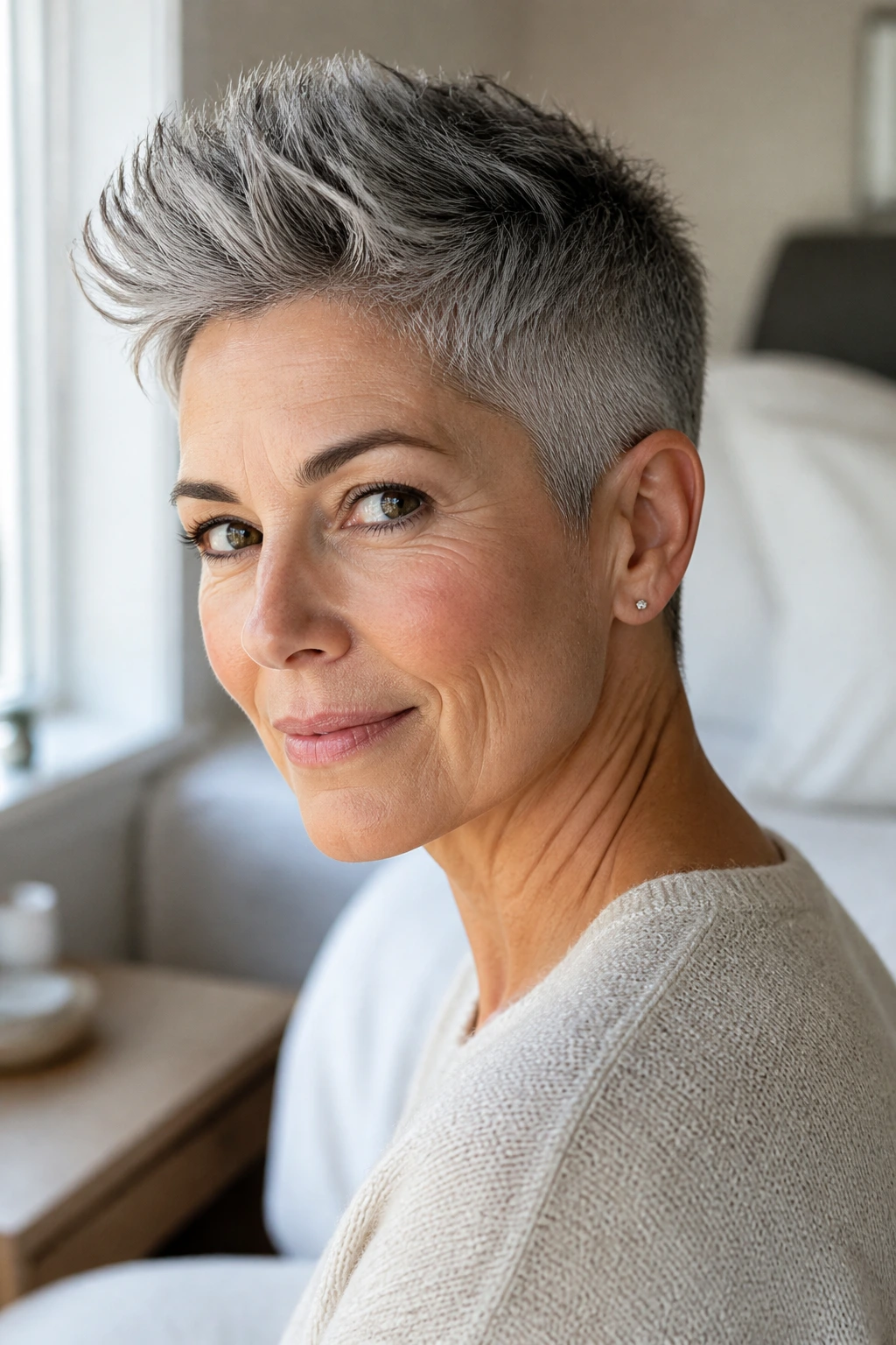 Close-up portrait of a real woman with a tapered crop haircut in warm window light.