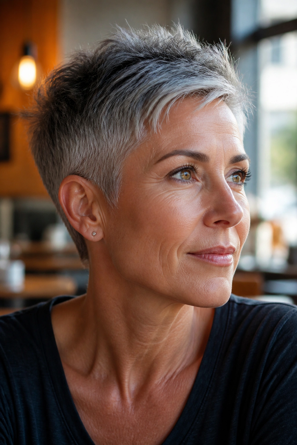 Close-up portrait of a real woman with a tapered crop, short back and sides and longer top with gray hair