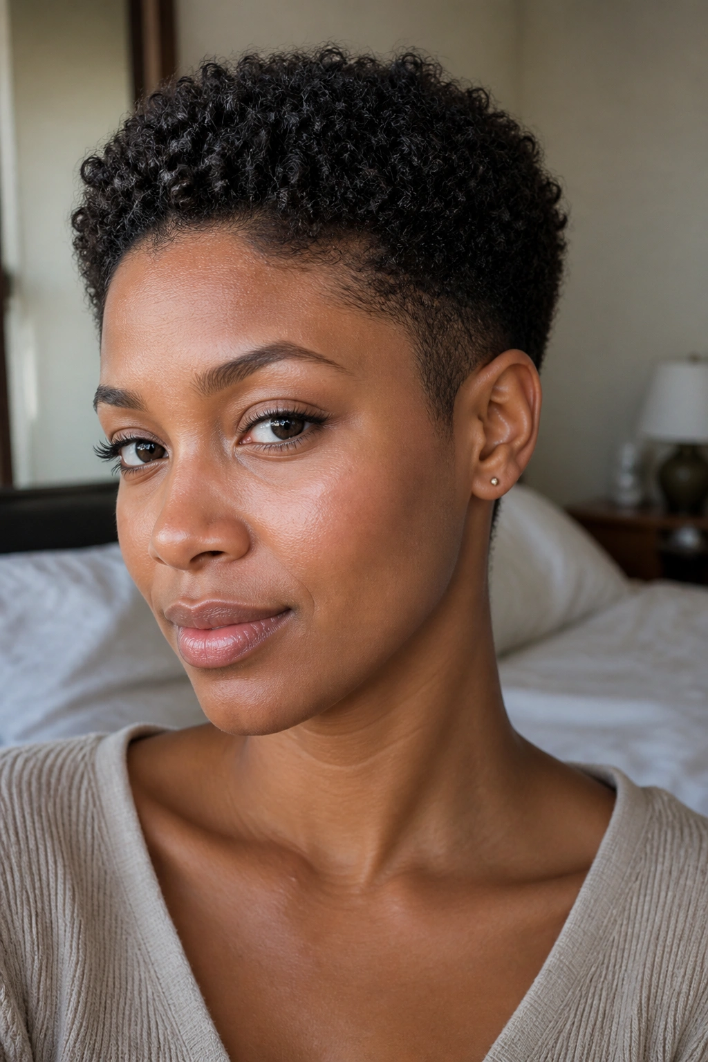 Close-up portrait of a real woman with a tapered natural crop and defined coils
