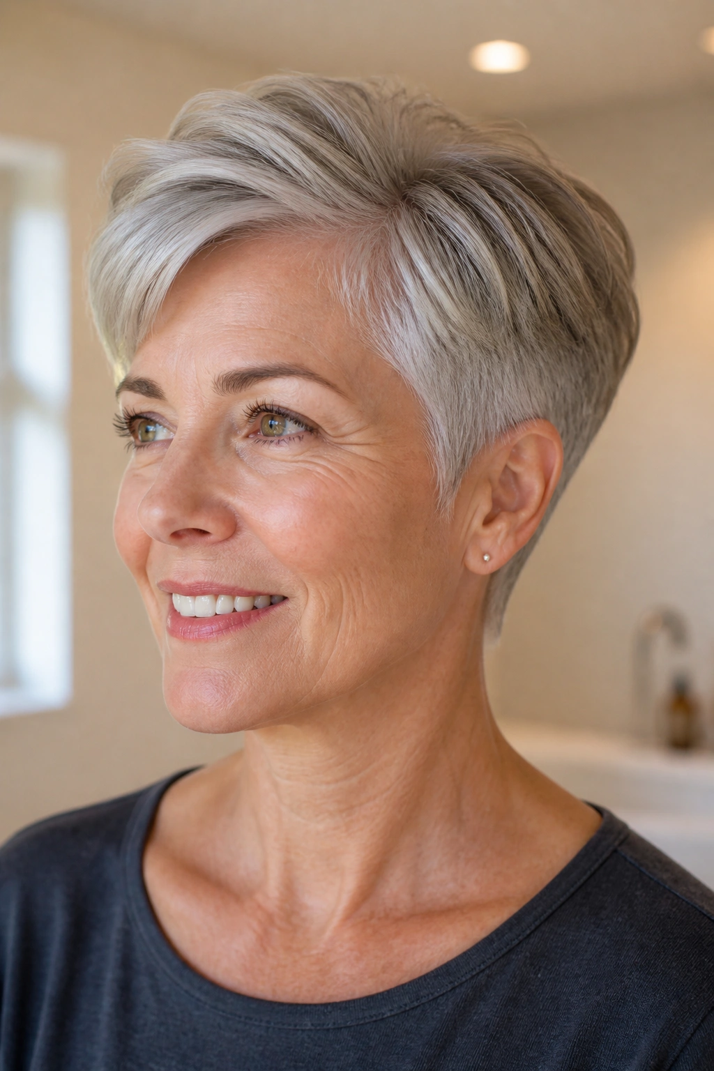Real woman with a tapered crop hairstyle in warm indoor lighting