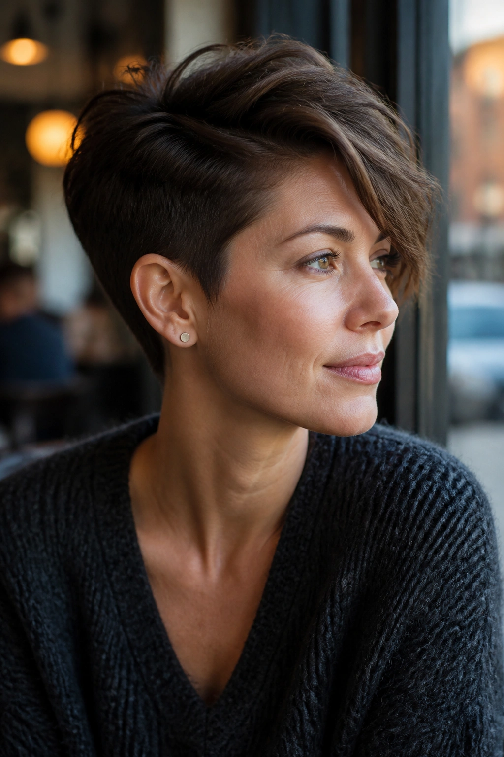 Portrait of a real person with a tapered crop and long top layers under natural light