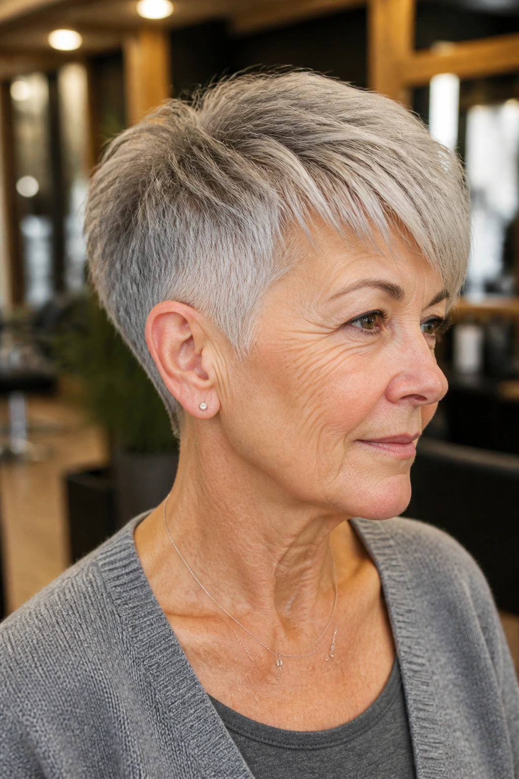 Portrait of a woman with a tapered crop and longer top in a chic salon