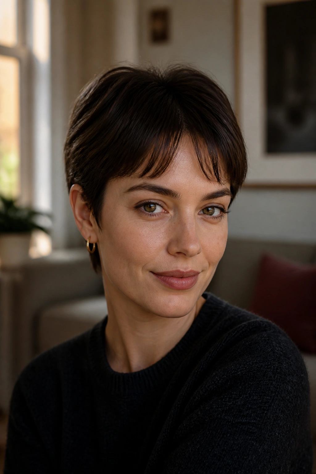 Close-up portrait of a woman with tapered crop and micro curtain bangs, center above-brows fringe