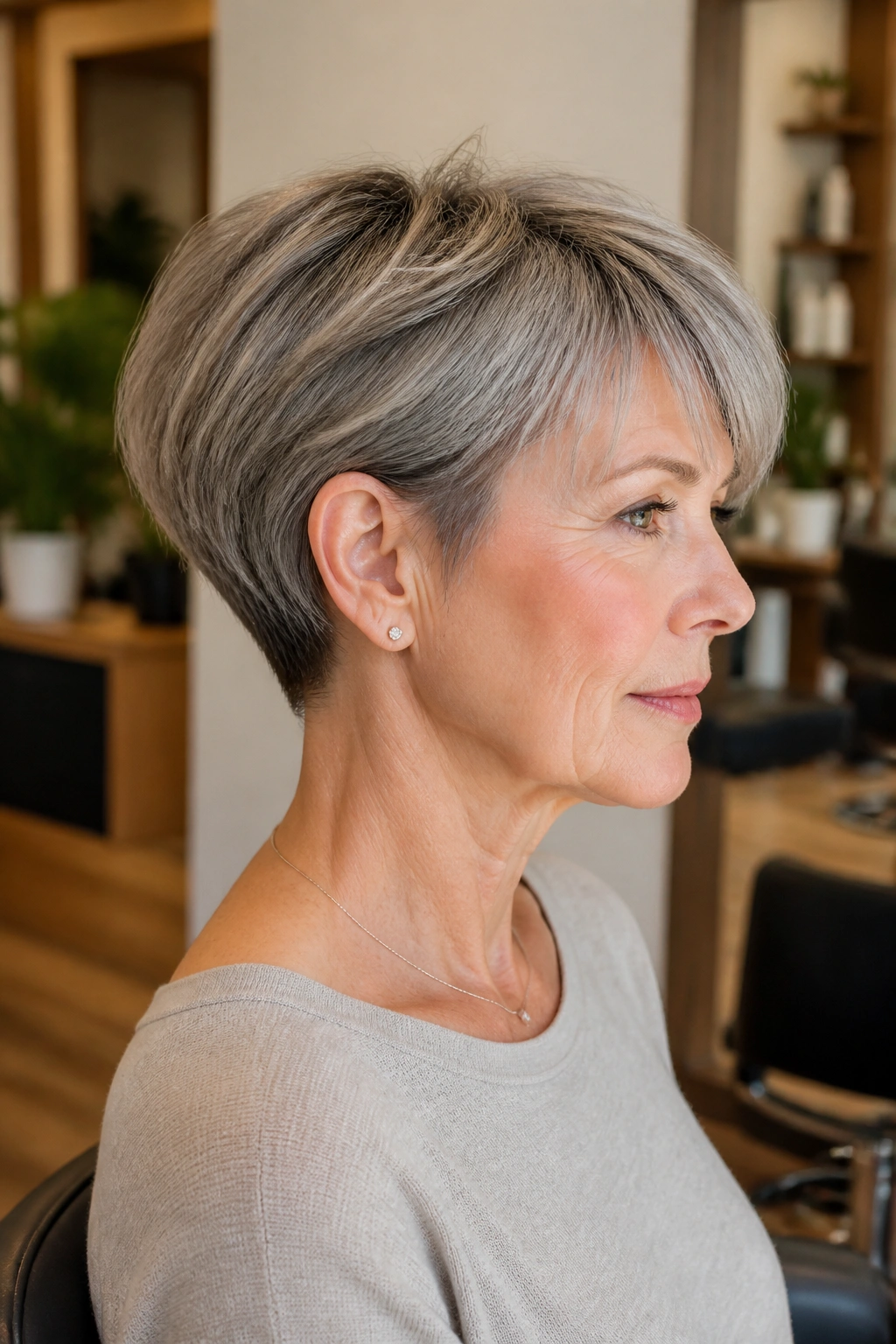 Profile of a real woman with a tapered crop and tucked nape in a modern salon