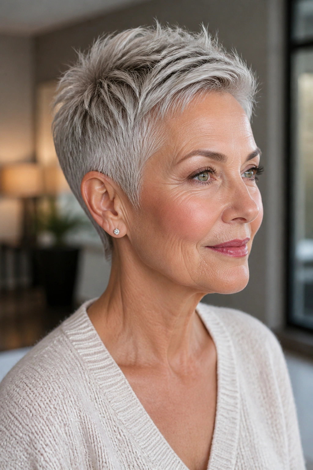 Close-up portrait of a real woman with tapered crop and clean nape