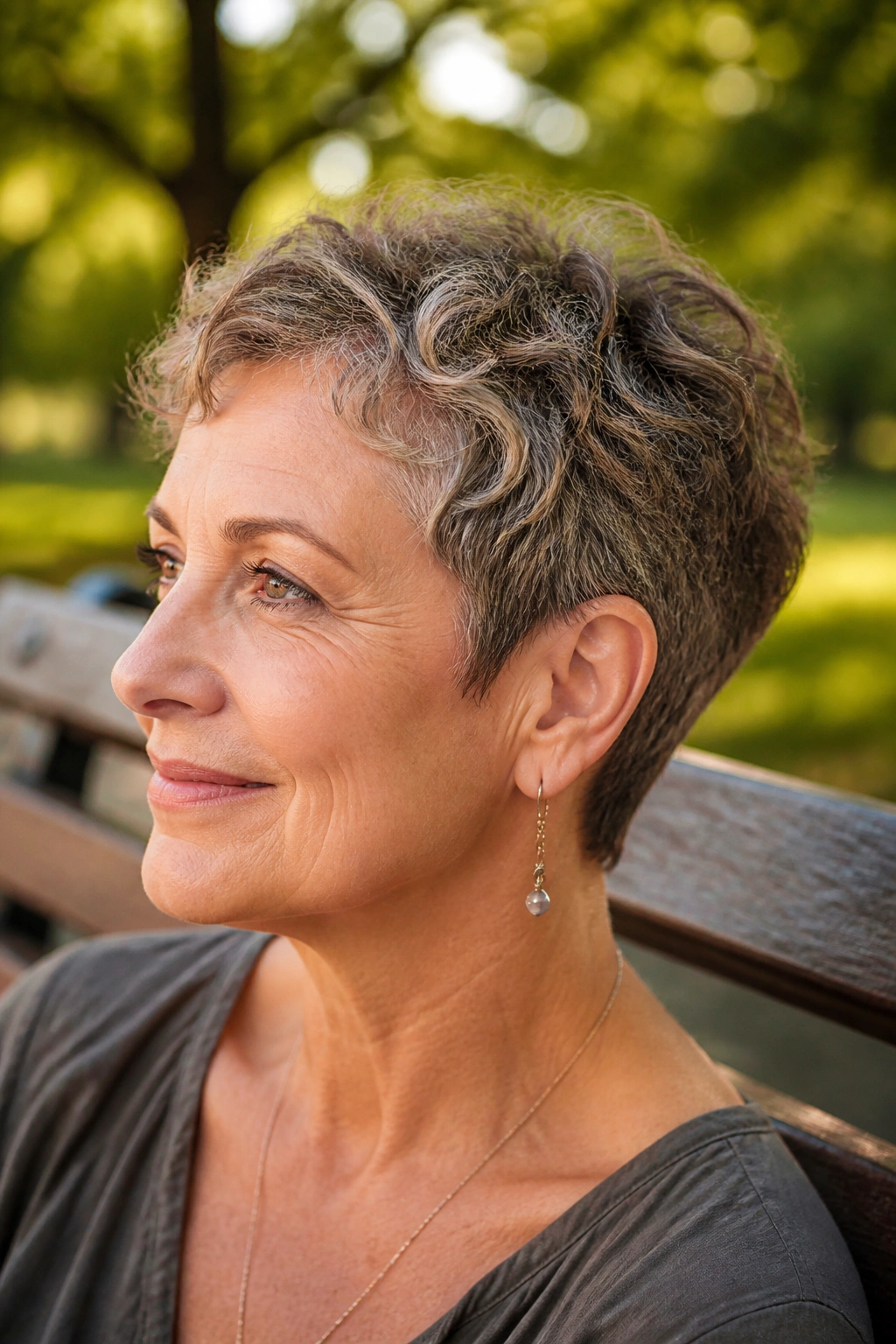 Close-up portrait of a woman with a tapered crop showing natural texture in late afternoon sun outdoors