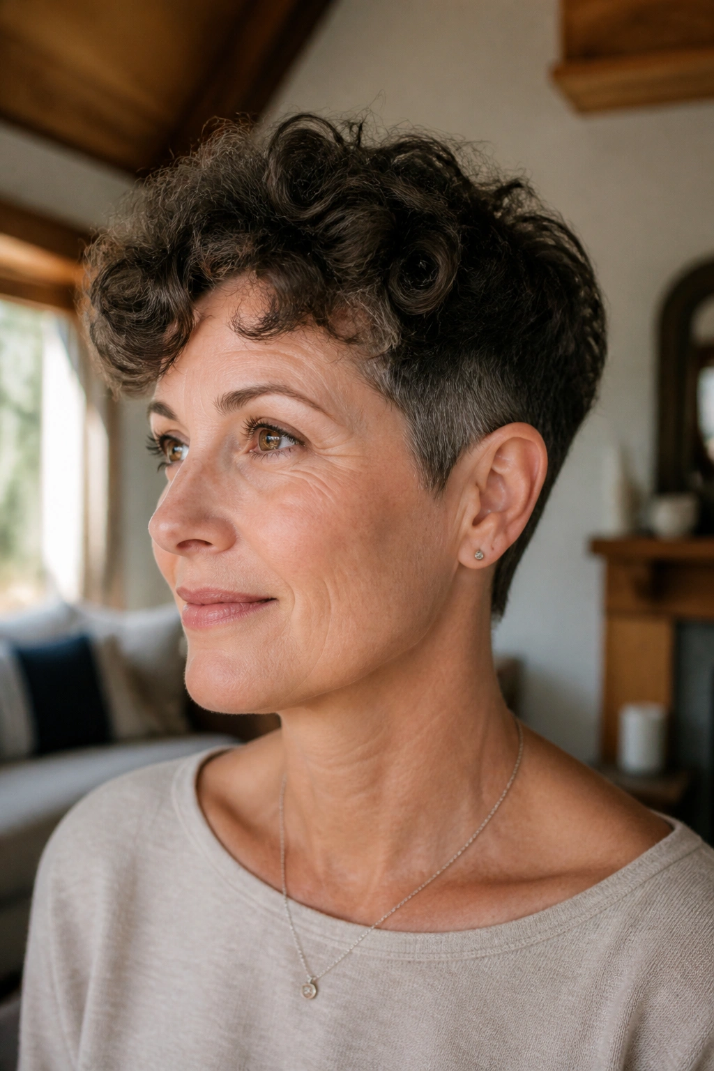 Close-up portrait of a real woman with a tapered crop hair texture in a sunlit living room
