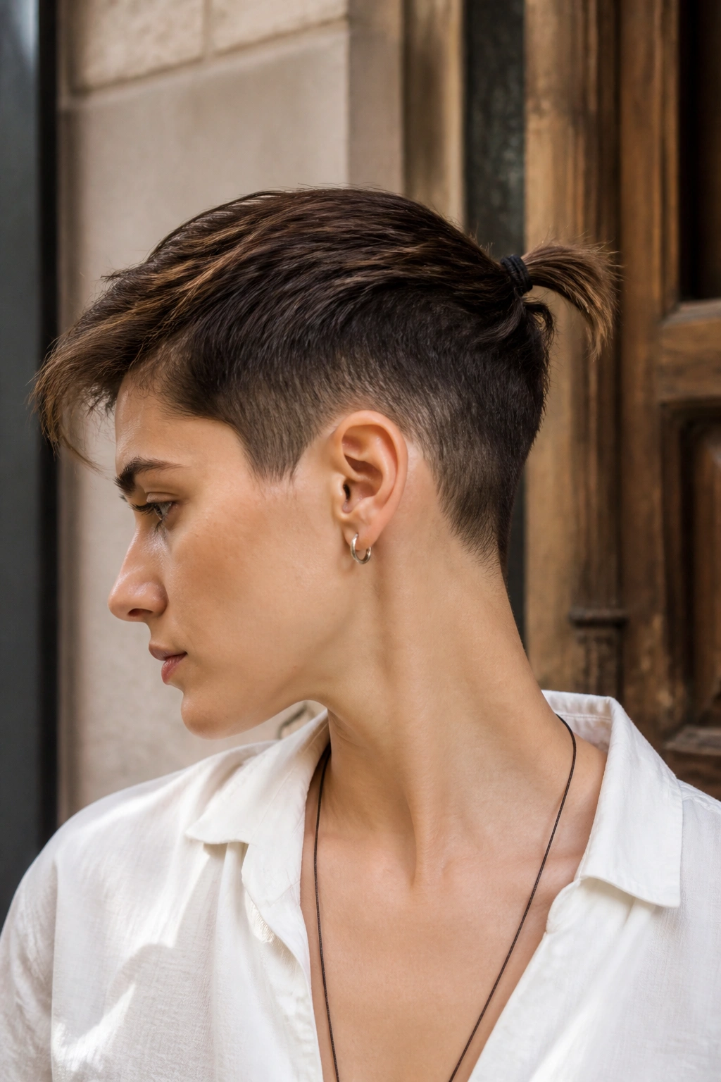 Close-up of tapered crop with neck exposed and a tiny ponytail at the back