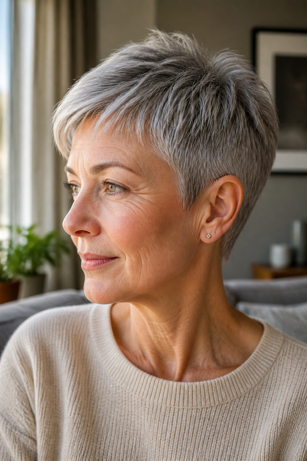 Close-up portrait of a real woman with a Tapered Crop in soft morning light