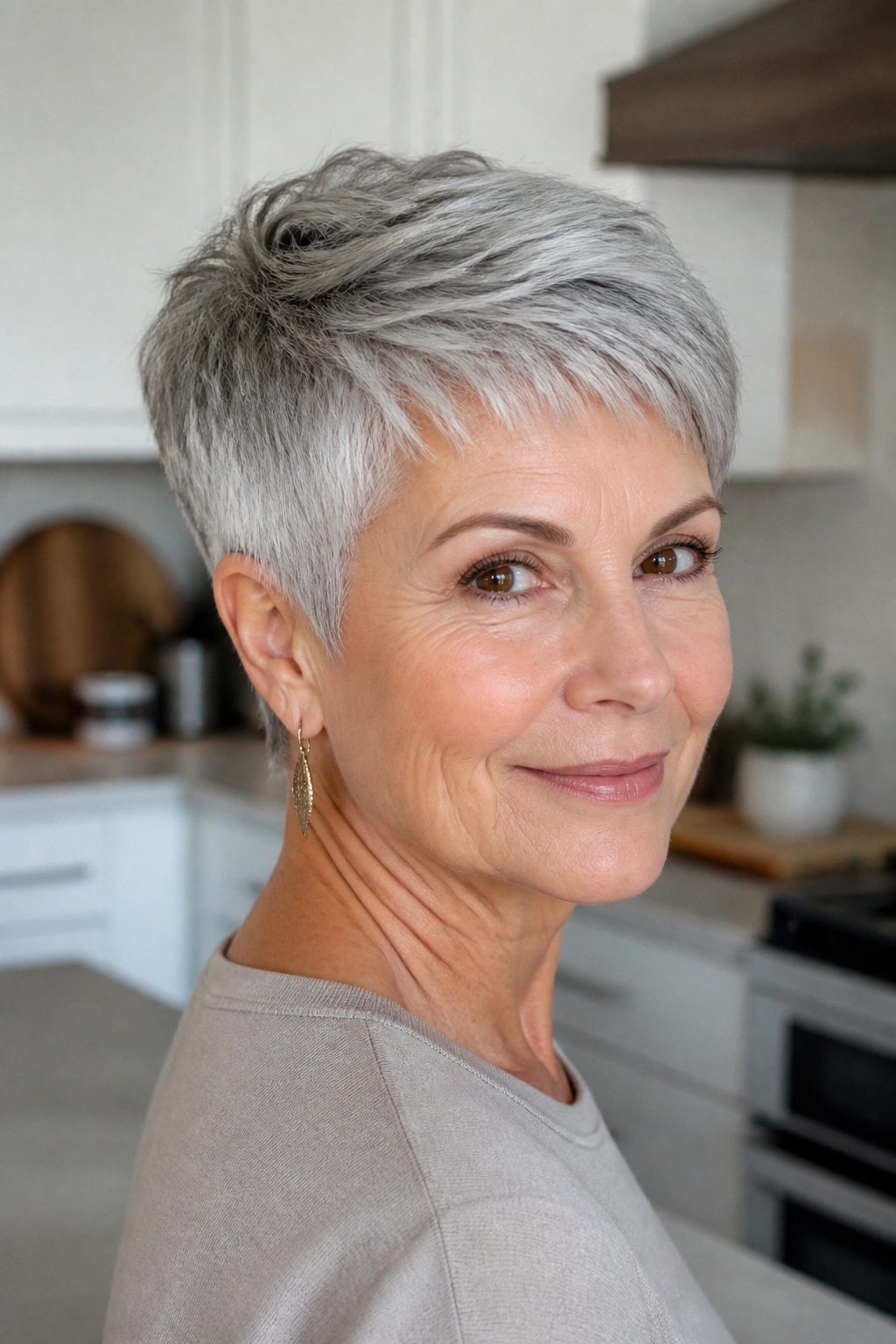 Close-up of a real woman with a classic tapered crop in a bright kitchen.