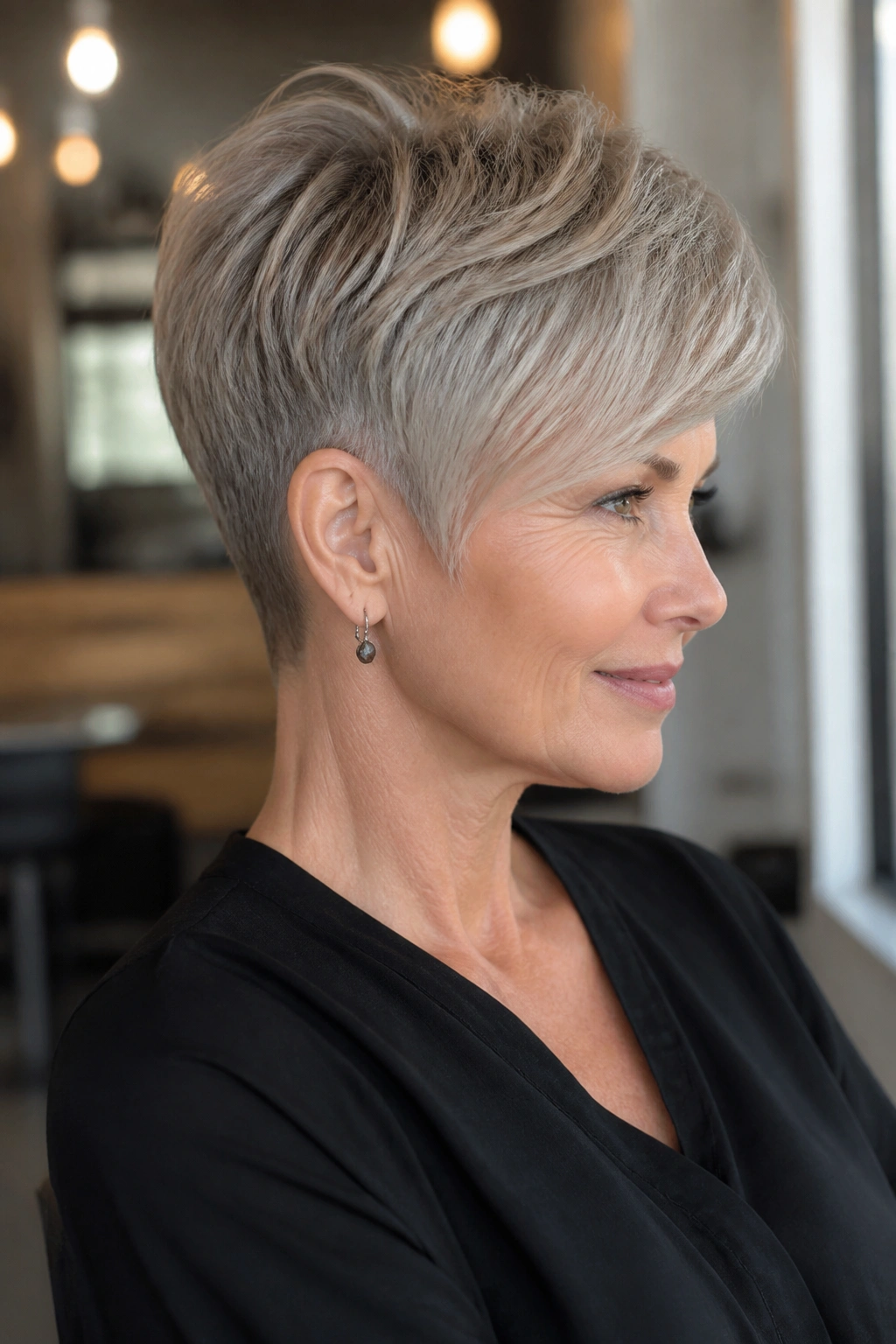 Close-up of a woman with tapered crop and side fringe