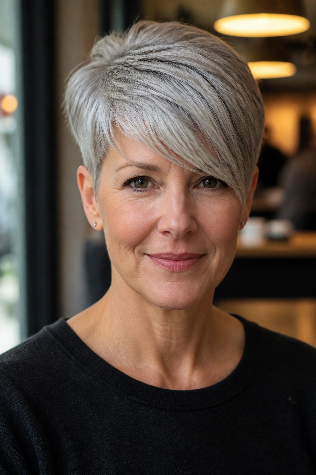 Portrait of a woman with a tapered crop and side-swept fringe, gray hair, natural light.