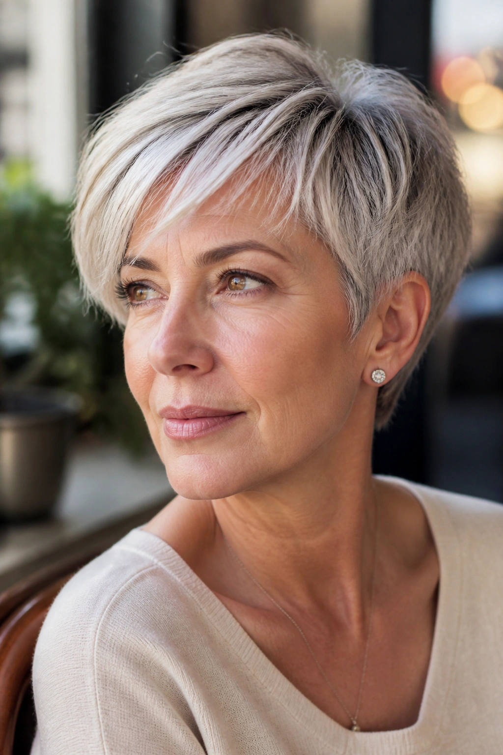 Close-up portrait of a real woman with a tapered crop and side-swept fringe