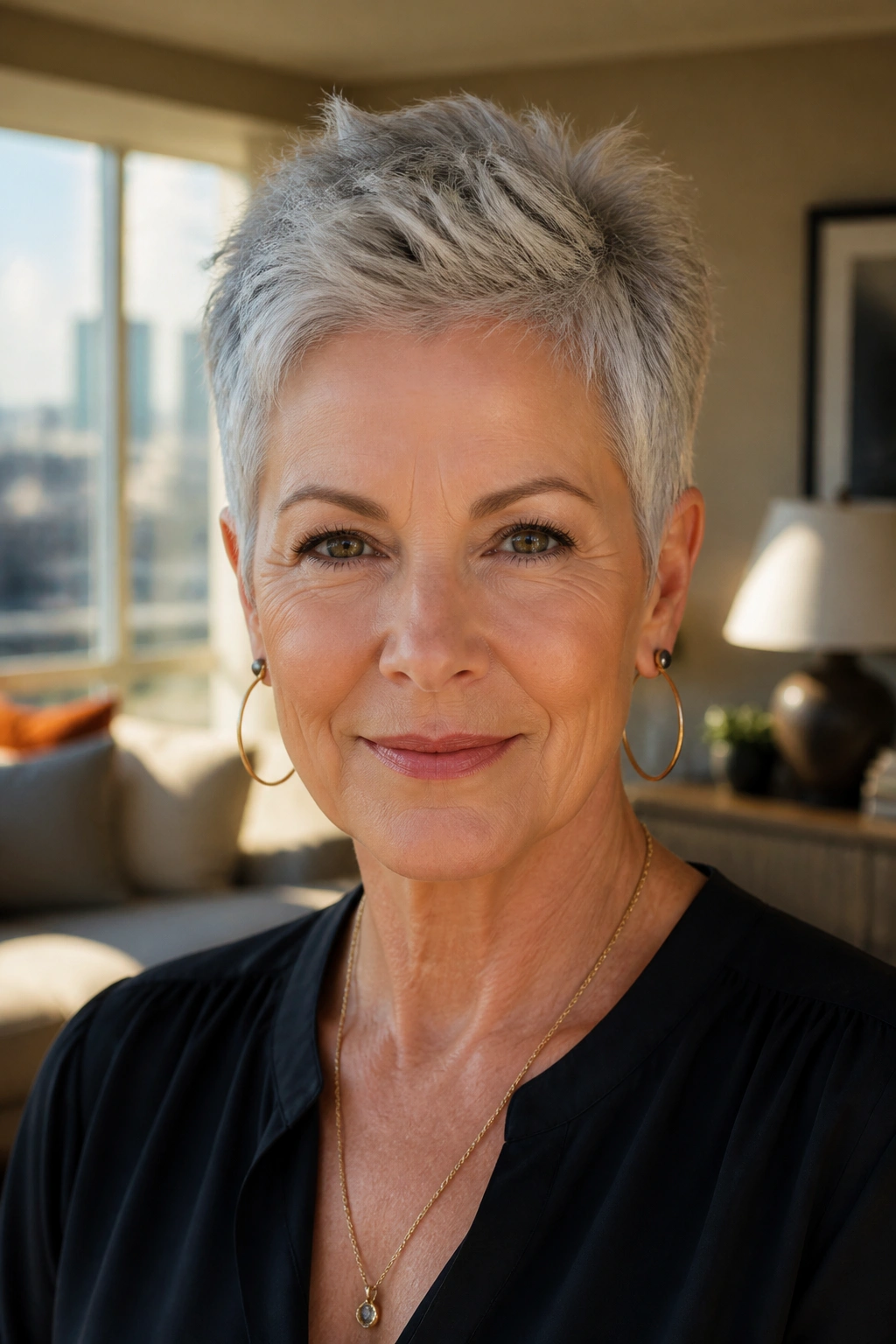 Silver-haired woman with tapered crop; crisp silhouette