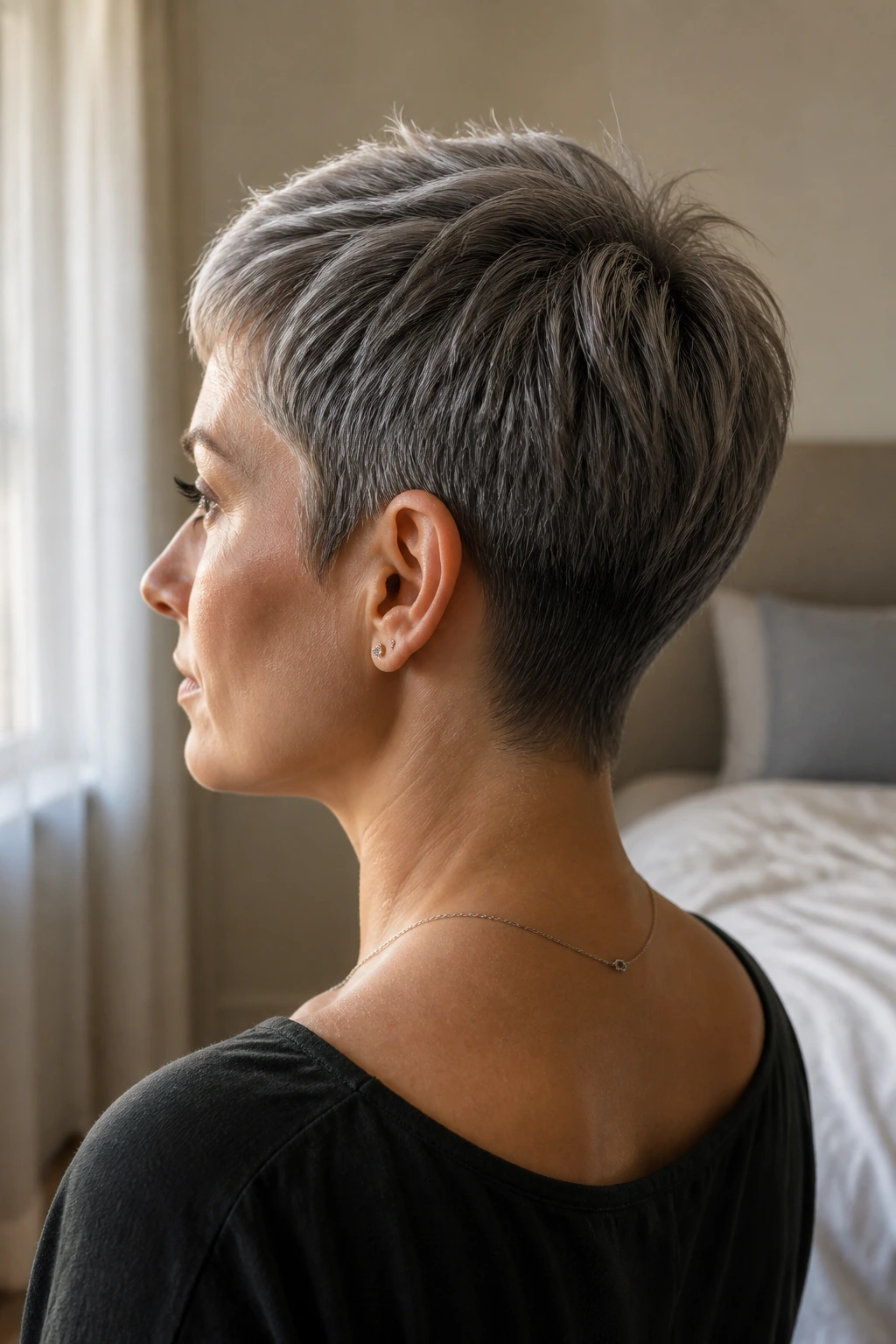 Close-up portrait of a real woman with a tapered crop and soft neckline.