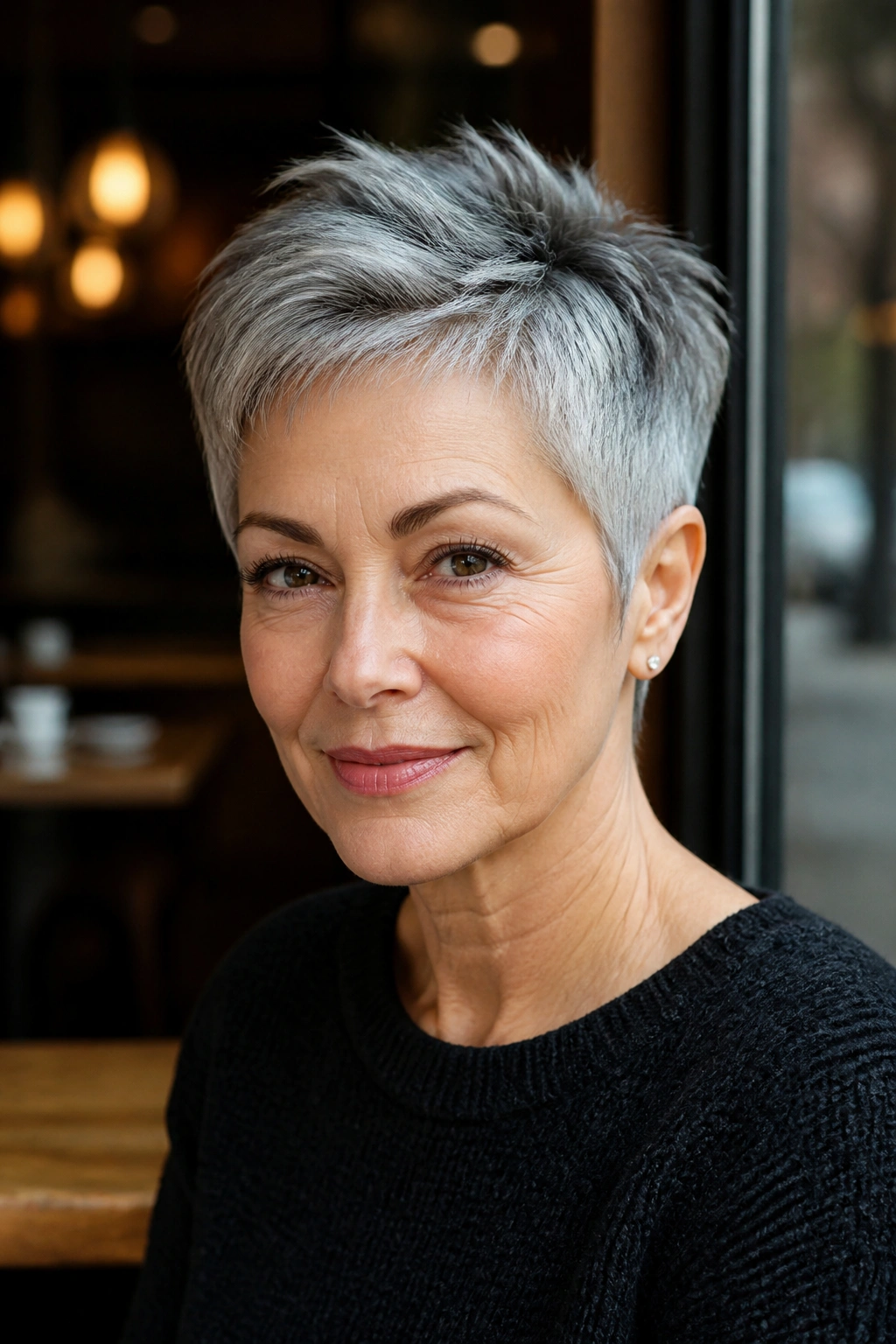 Close-up of mature woman with tapered crop and textured crown in warm cafe light