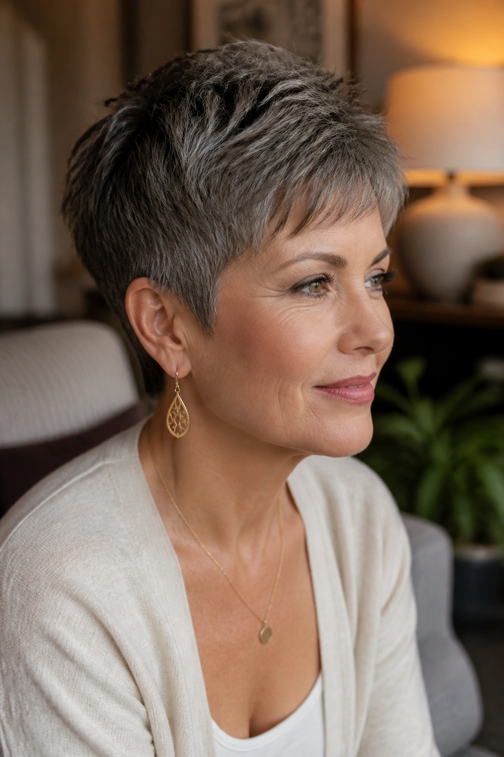 Close-up portrait of a real woman with a tapered crop on thick hair in warm ambient light
