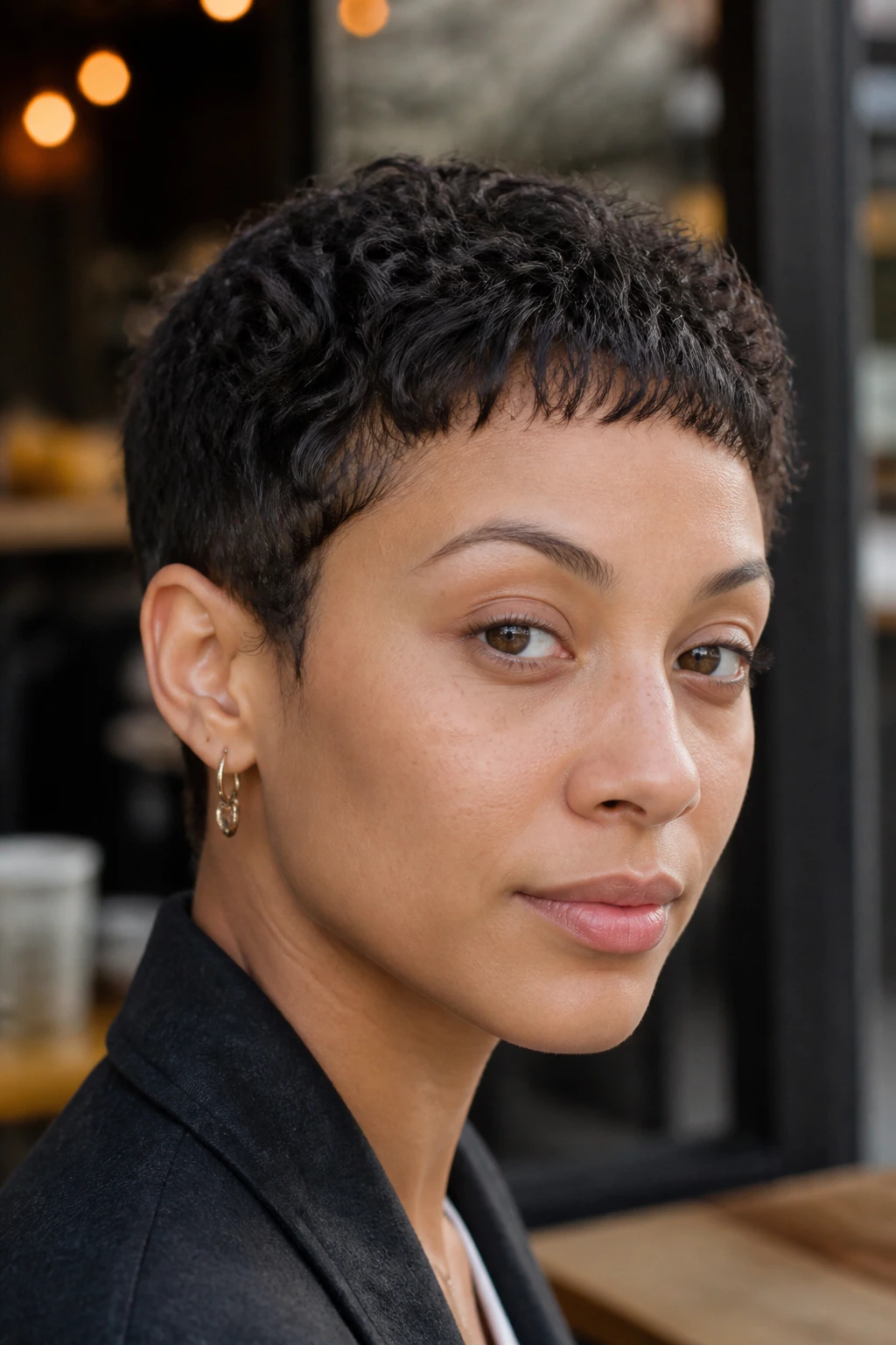 Real person with tapered crop and wispy micro fringe on 2c curls.