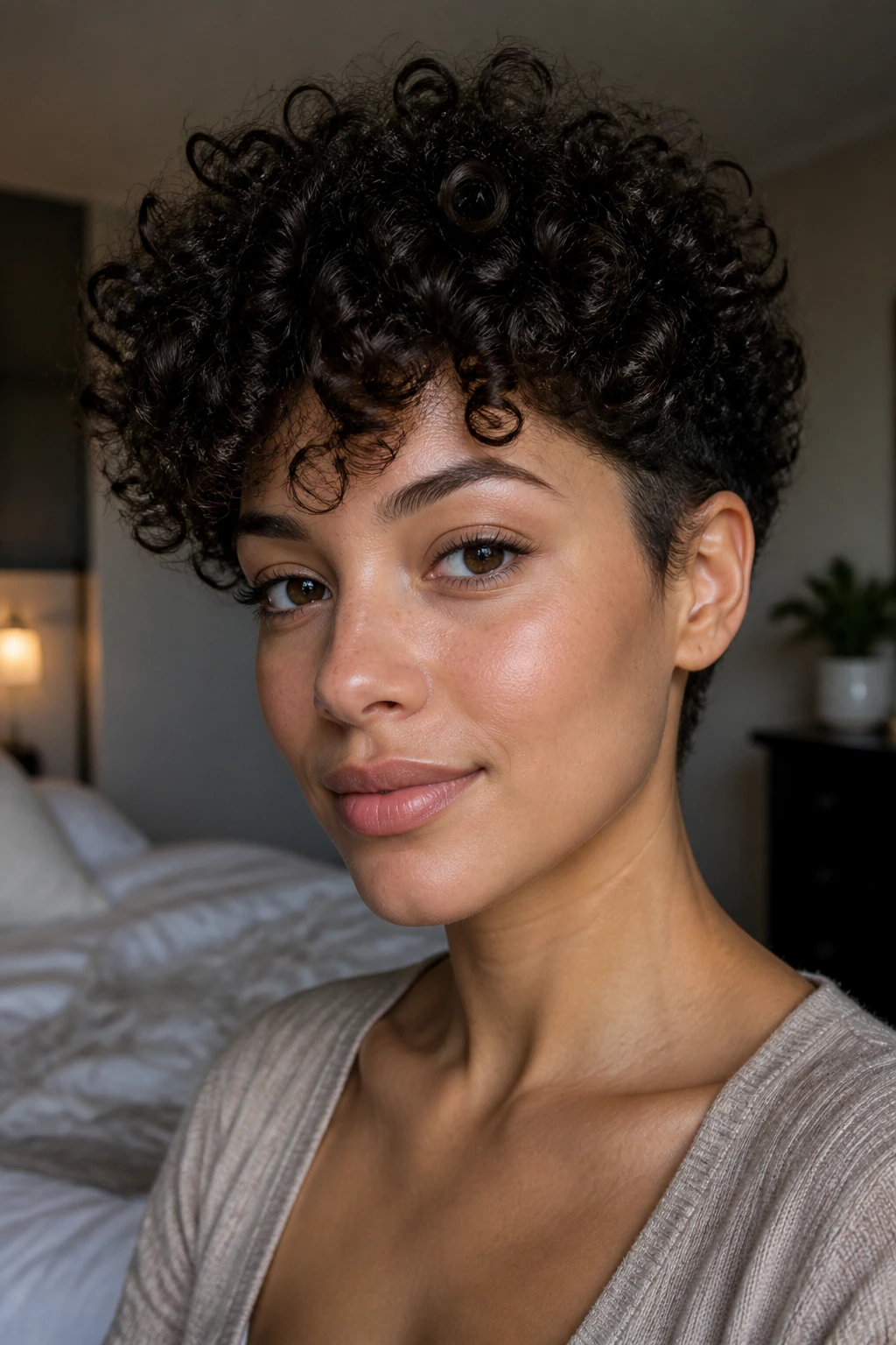 Close-up of a real woman with a tapered cut for natural curls in soft window light